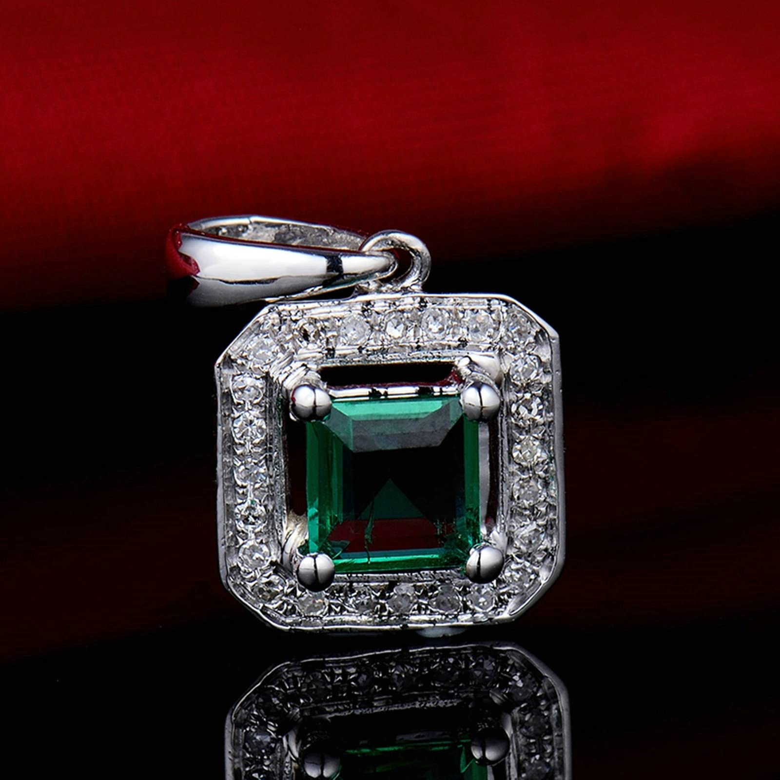 Echtgold Kette mit Anhänger, Halskette Anhänger Gold 14 Karat Quadrat Form mit Diamant und Smaragd 0.52ct Halskette