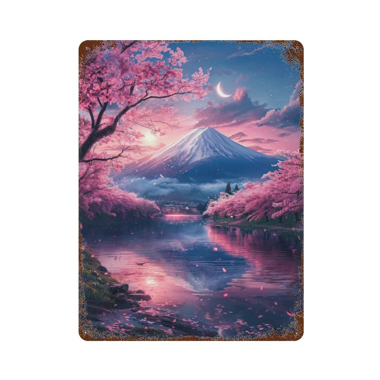 Japan Sakura in Mount Fuji Rusty Metal Tin Sign 15.7"x11.8", for Living Room, Hallway And Home Decor, Old School Wall Decor