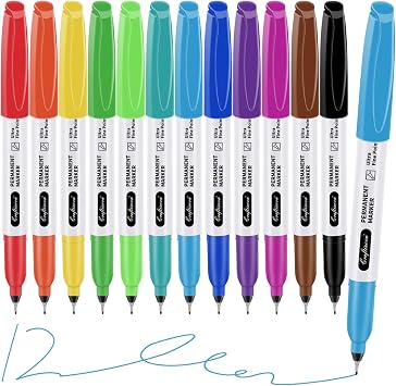 Ultra Fine Point Permanent Markers Assorted Colors 12 Pcs, Extra Fine Tip Works on Paper, Glass, Plastic, Metal, Waterproof, Smudge Resistant, for Adults, Teacher, Office & School Supplies