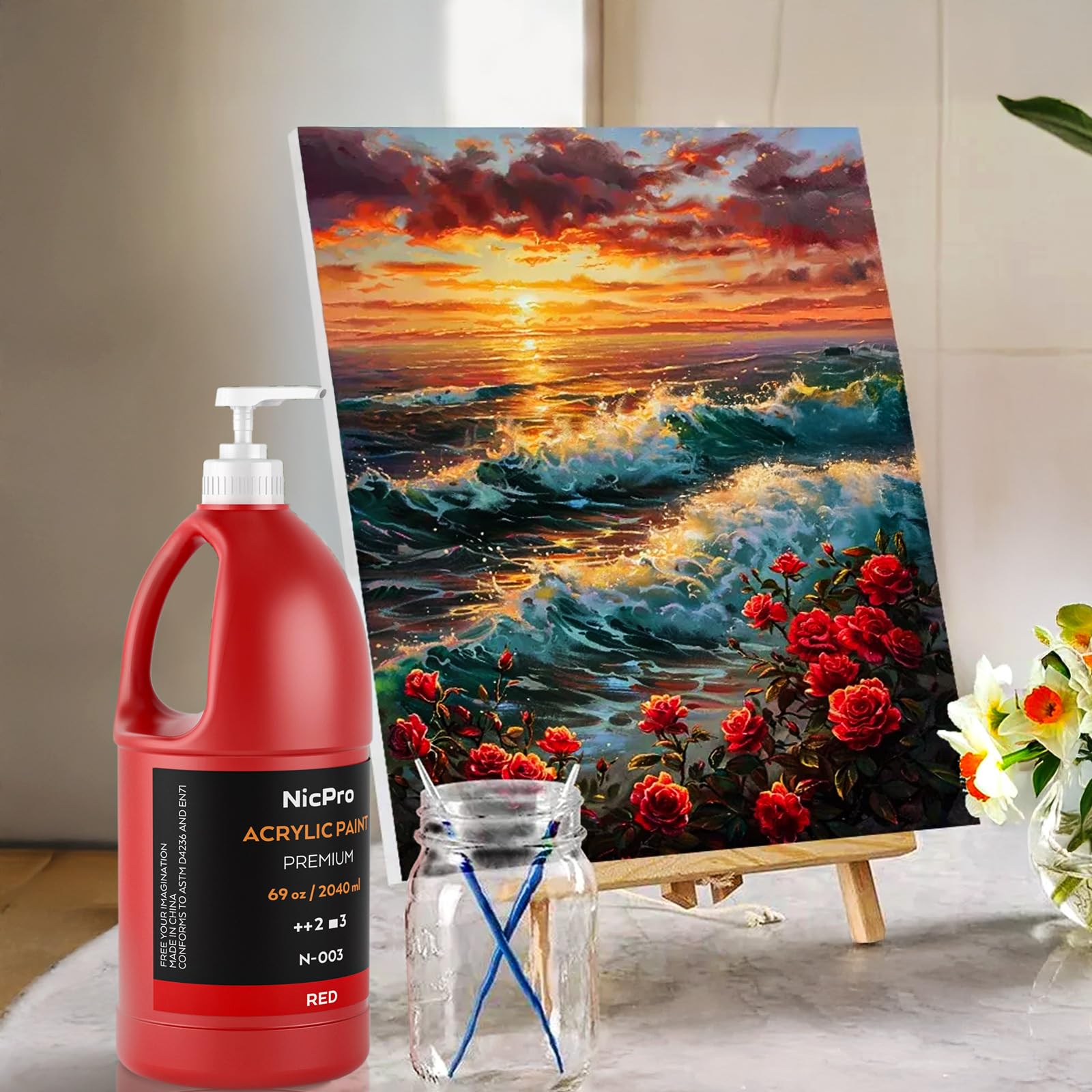 Nicpro Set di colori acrilici grandi (69 oz, 2040 ml), per pittura artistica, atossici, per multi superficie, tela, legno, pelle, tessuto e pietra, per bambini e adulti con pompa