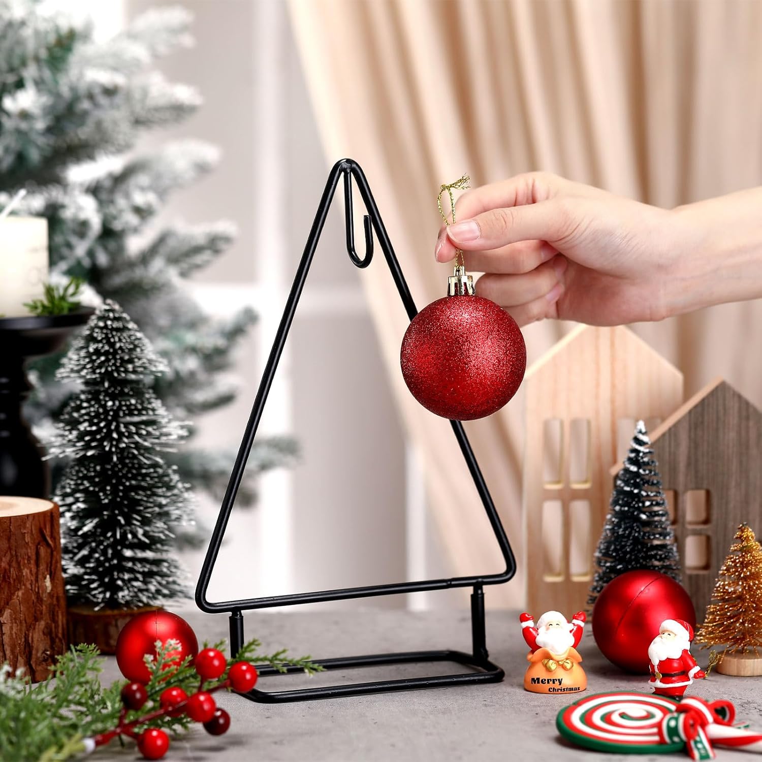 4 Pcs 10 Inch Ornament Display Stand Metal Christmas Tabletop Ornament Christmas Tree Shaped Display Stand Holder Farmhouse Xmas Tree for Balls Decorations Hanging Gift