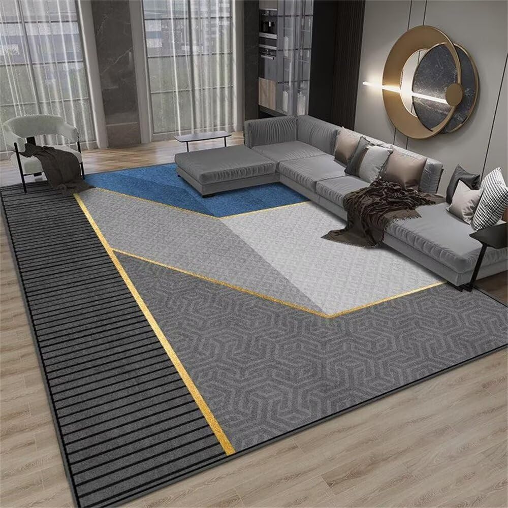Tapis bleu gris noir 120x200 aux motifs géométriques pour escalier