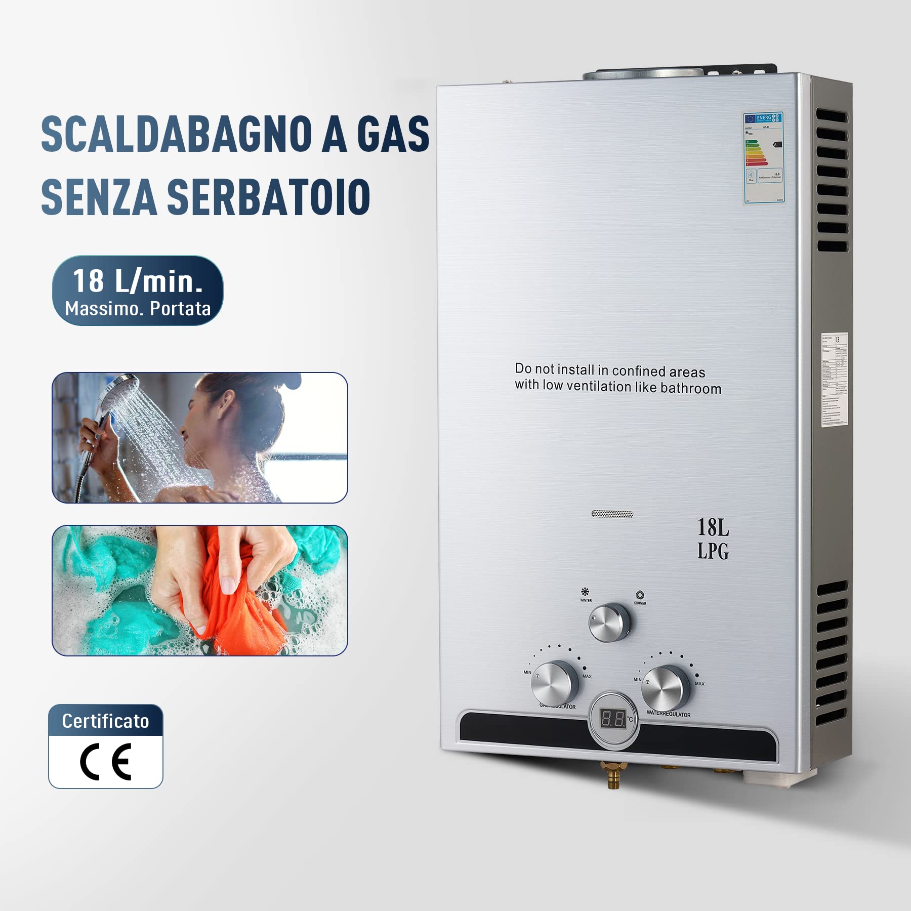 CO-Z Scaldabagno a Gas GPL 18L con Modalità Inverno ed Estate Caldaia a Gas GPL da 30.6 kW a Parete senza Serbatoio Scaldacqua Istantaneo Automatico con Anima in Rame e Display a LED (18L)