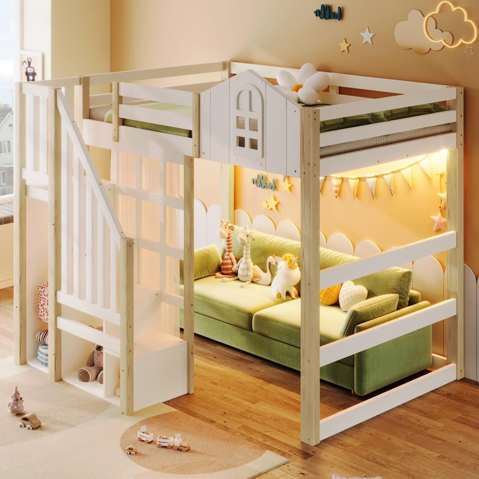 Lit Mezzanine 2 Places 140x200cm,Lit Cabane Enfant avec éclairage LED Réglable,Échelle de Rangement,Rideau en Gaze,Haute Barrière de Type Cabine,pour Enfants Adolescents (Blanc, 140x200)