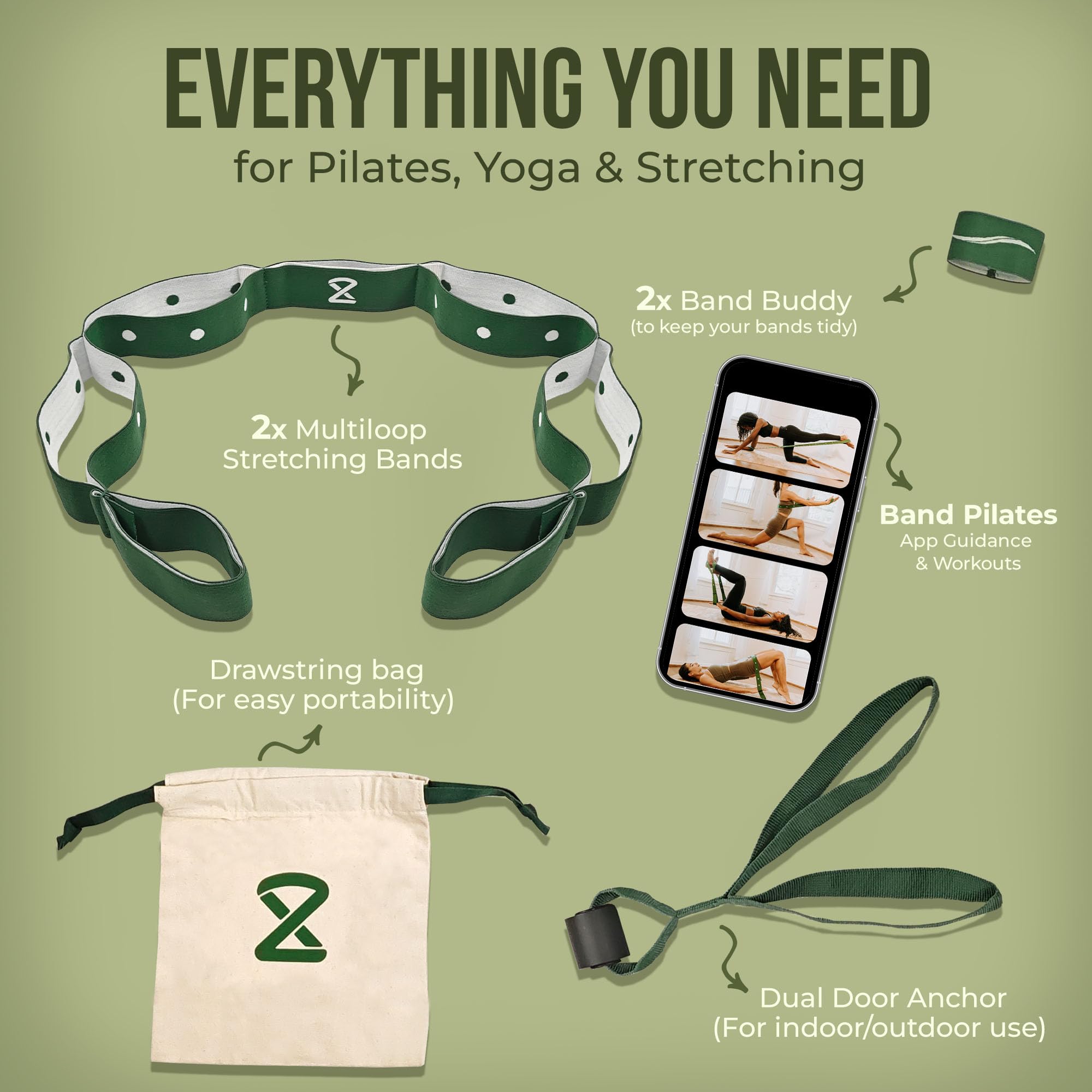 Two8 Bandz pasek z wieloma pętlami – taśmy oporowe na pilates, taśmy rozciągliwe do ćwiczeń, opaska treningowa, opaski oporowe na długie pętle, paski do jogi, paski rozciągające, opaska pociągowa,