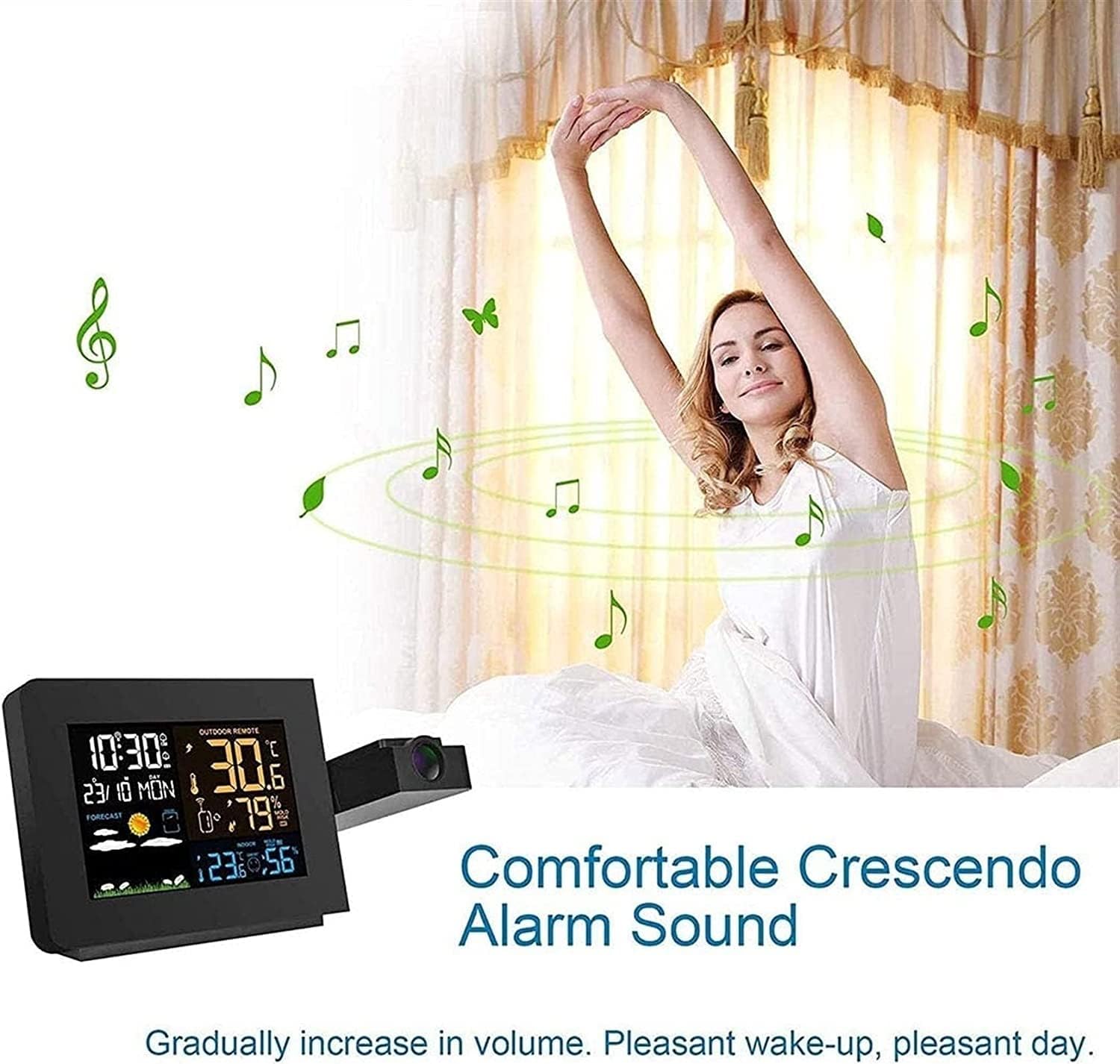 Projection Alarm Clock, Digital Clock Projector on Ceiling with Indoor/Outdoor Temperature Display, Dual Alarms, Colored Backlight, Weather Forecast