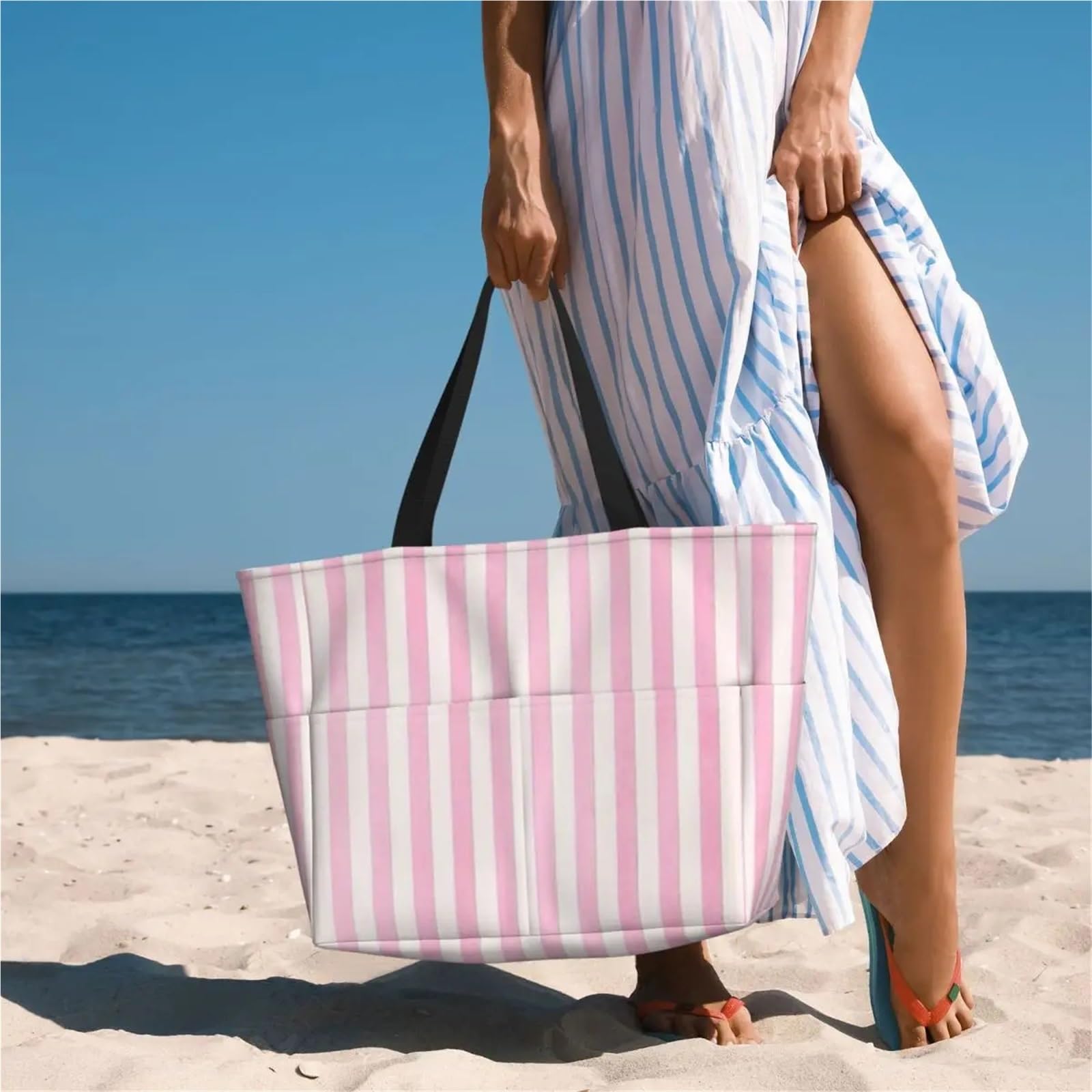 Borsa Da Spiaggia A Righe Bianche Rosa Pallido