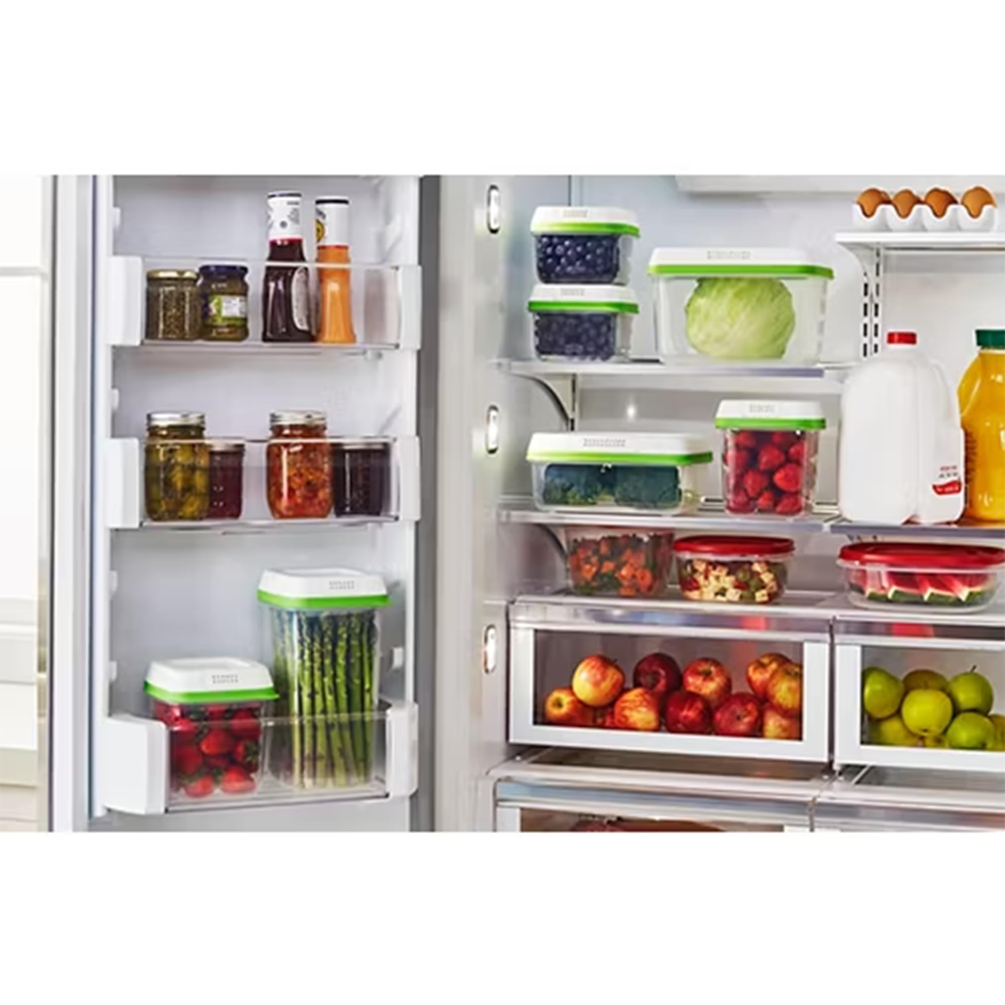 RUBBERMAID FreshWorks - Recipientes de almacenamiento medianos y grandes, juego de 6 piezas, transparente, blanco, verde, juego de 3, tamaño mediano y grande