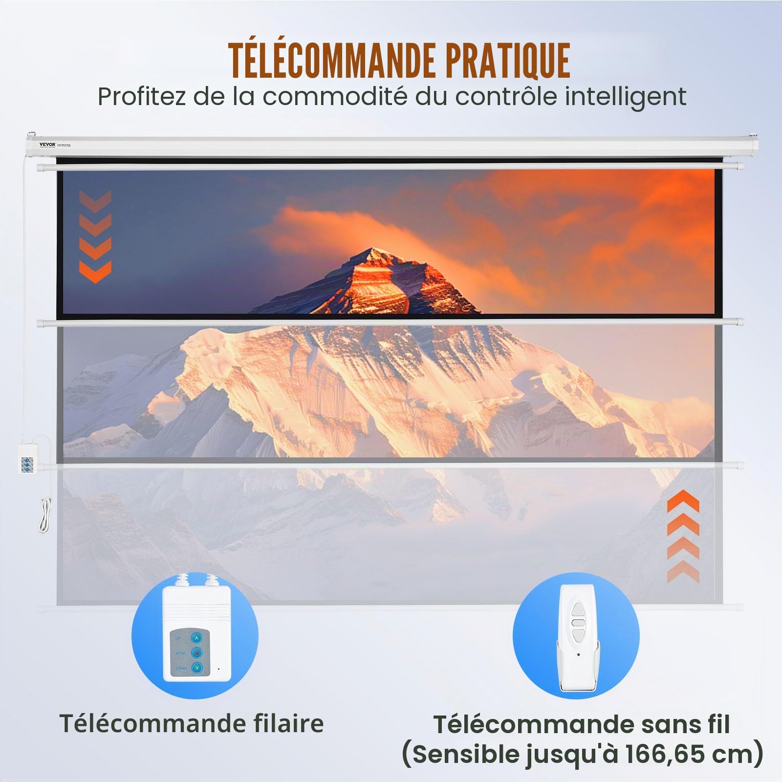 VEVOR Écran de Projection Motorisé 100 Pouces 16:9 HD 4K 1080 Toile de Projection Anti-Plis avec Télécommande Grand Angle de Vision Montage Mural Direct pour Vidéoprojecteurs Cinéma Maison Intérieur