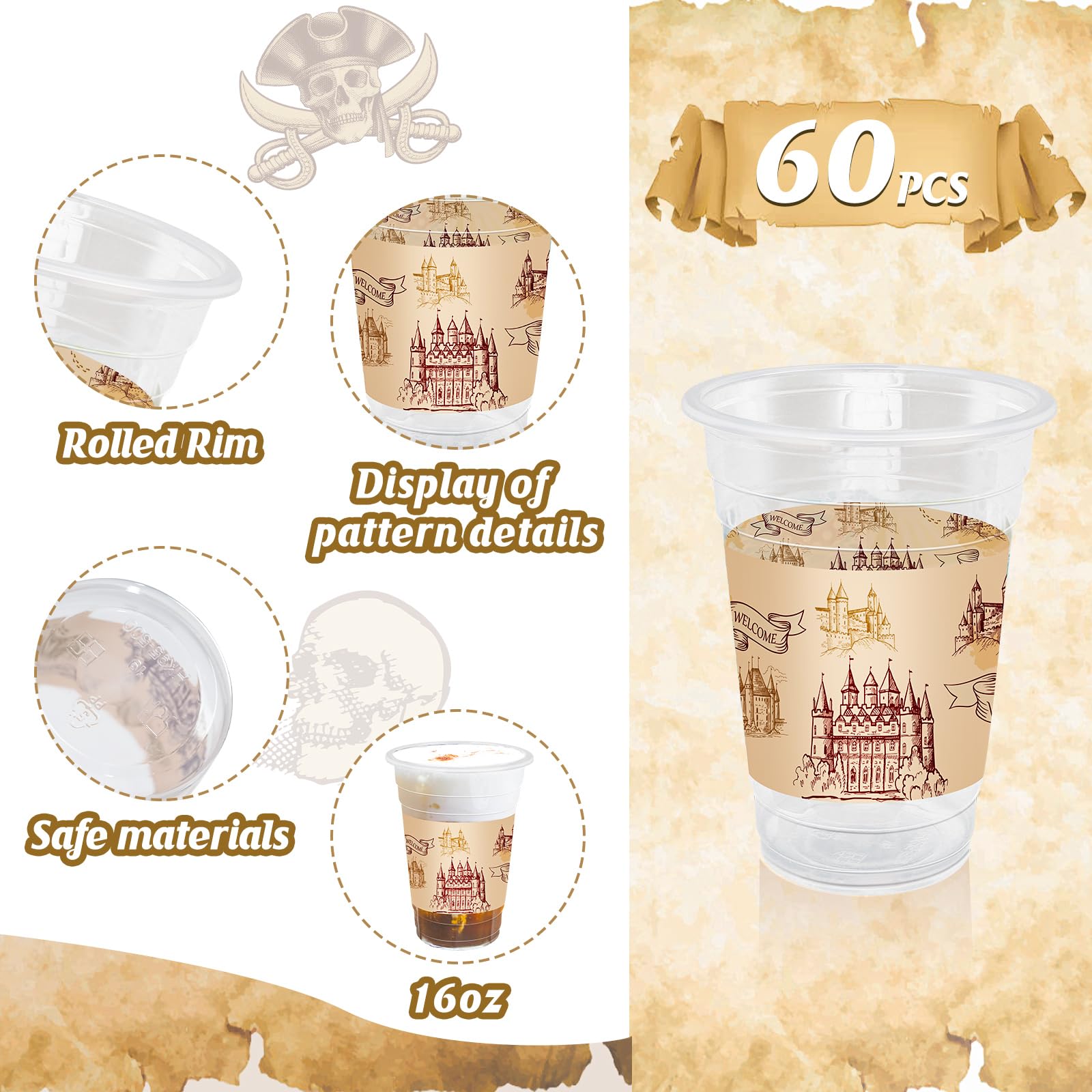 TEASlK 60 Pieces 16oz Magic Wizard Party Cups Disposable Magic Cups Plastic Drinking Cups for Halloween Party Birthday Vintage Castle Party Decoration(Castle)