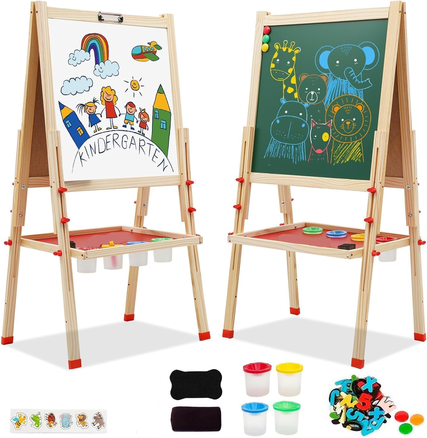 Nukdey Kids Easel Wooden Art Easel Double Sided Easel with Whiteboard Chalkboard Height Adjustable Standing Toddler Easel with Painting Accessories Education Gift for Boys Girls