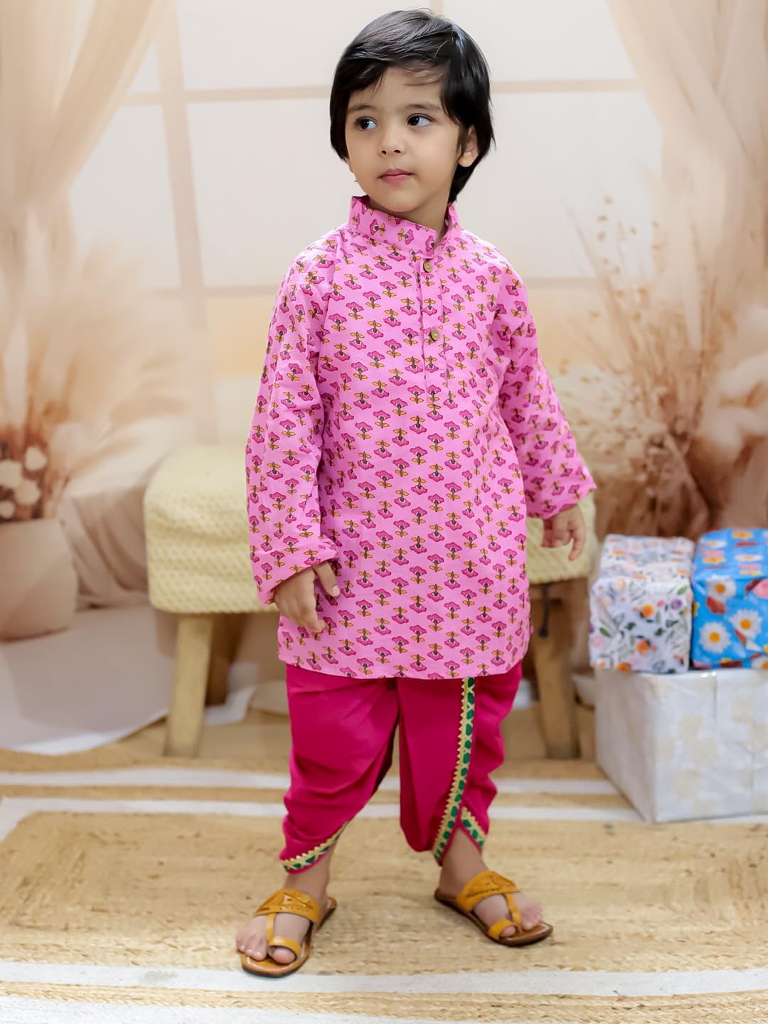 BownBee Pure Cotton Printed jacket with Dhoti Kurta for Boys