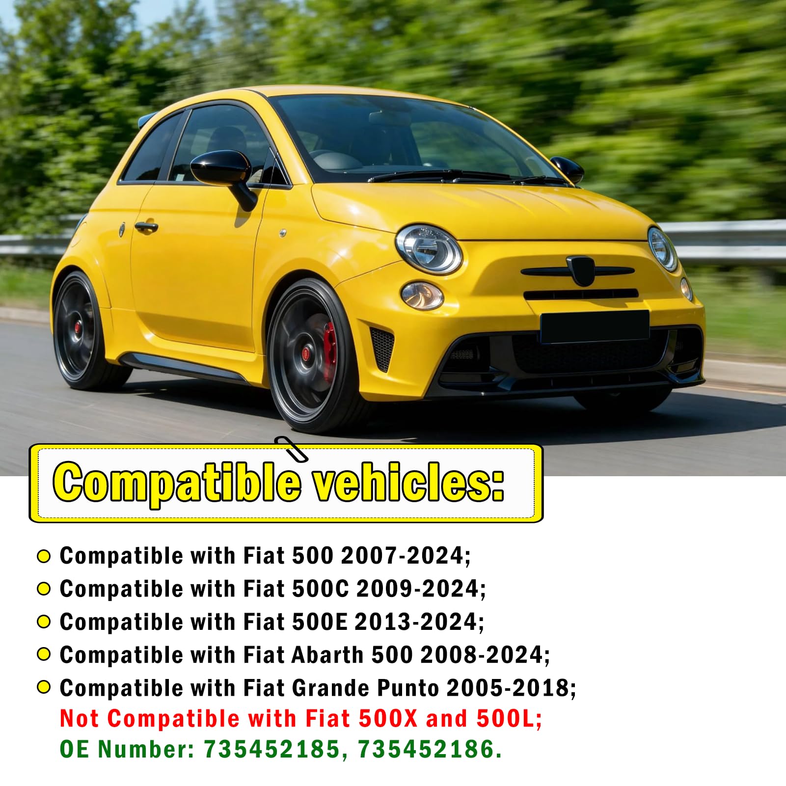 TTCR-II 2PCS Compatible con Carcasa Retrovisor Fiat 500/500C/500E/Abarth 500 2007-2024/Grande Punto 2005-2018, Fiat 500 Espejo Retrovisor Izquierdo+Derecha Grande Punto Espejo Tapa Reemplazo-Negro