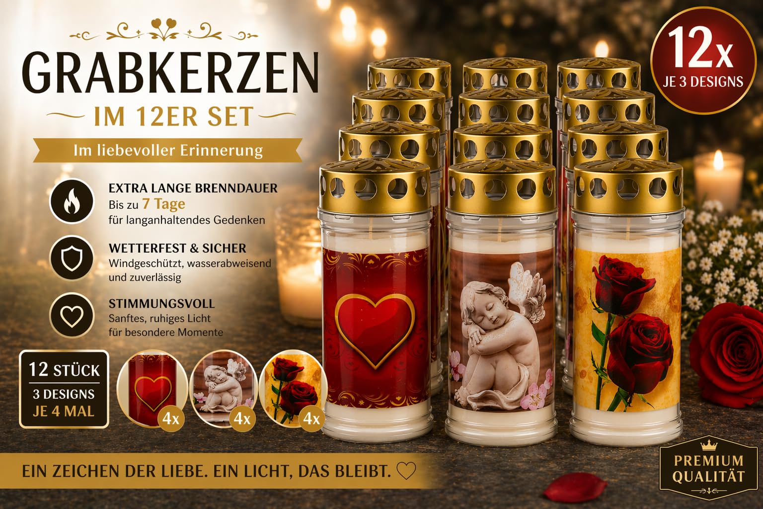Grabkerzen 12er Set mit Motiv - 7 Tage Brenndauer Friedhofskerze - Premium Grablichter Wetterfest mit Deckel - Gedenklicht Engel Herz Rose - Trauerkerzen Dauerbrenner für Grabschmuck