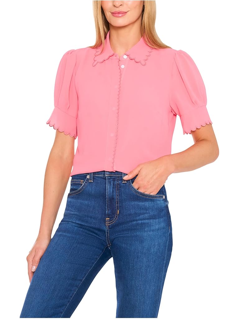 Pink CeCe Short Sleeve Scalloped Collar & Cuff Button-Up Blouse