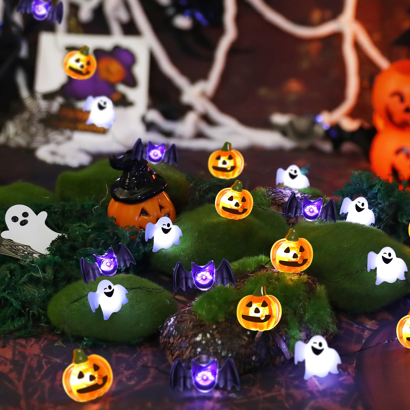 Coquimbo Halloween Decorations Indoor Lights: 10FT 30 LED Pumpkin Bat Ghost Decor Battery Operated String Lights for Indoor Outdoor Halloween Party Bedroom Decorations