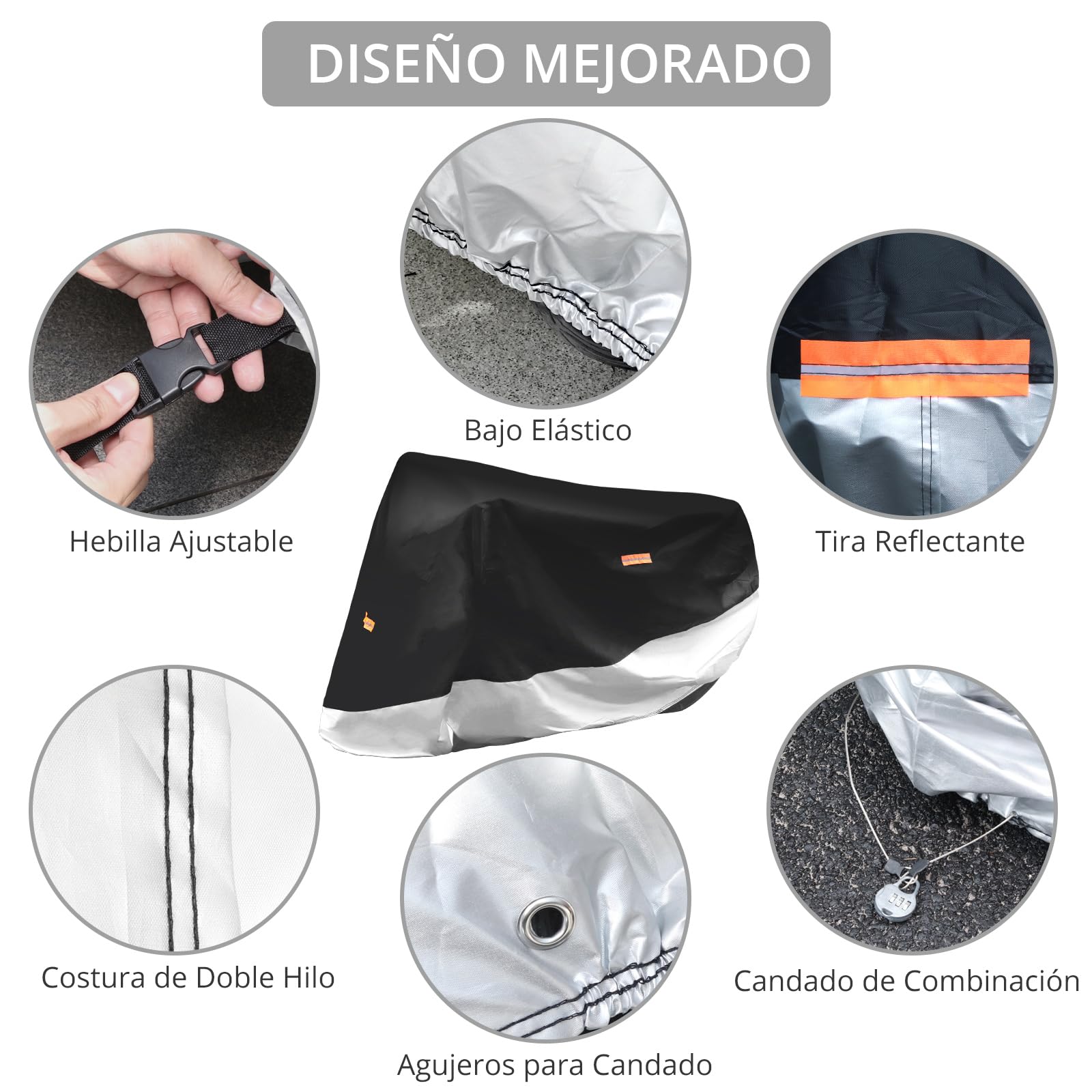 Justech Funda Moto Exterior Impermeable Poliéster 210D-Cubre Grande XXL con Bandas Reflectantes-Protección UV,Lluvia,Nieve para Motocicleta Off-Road/Deportivas/Calle 245 * 105 * 125cm