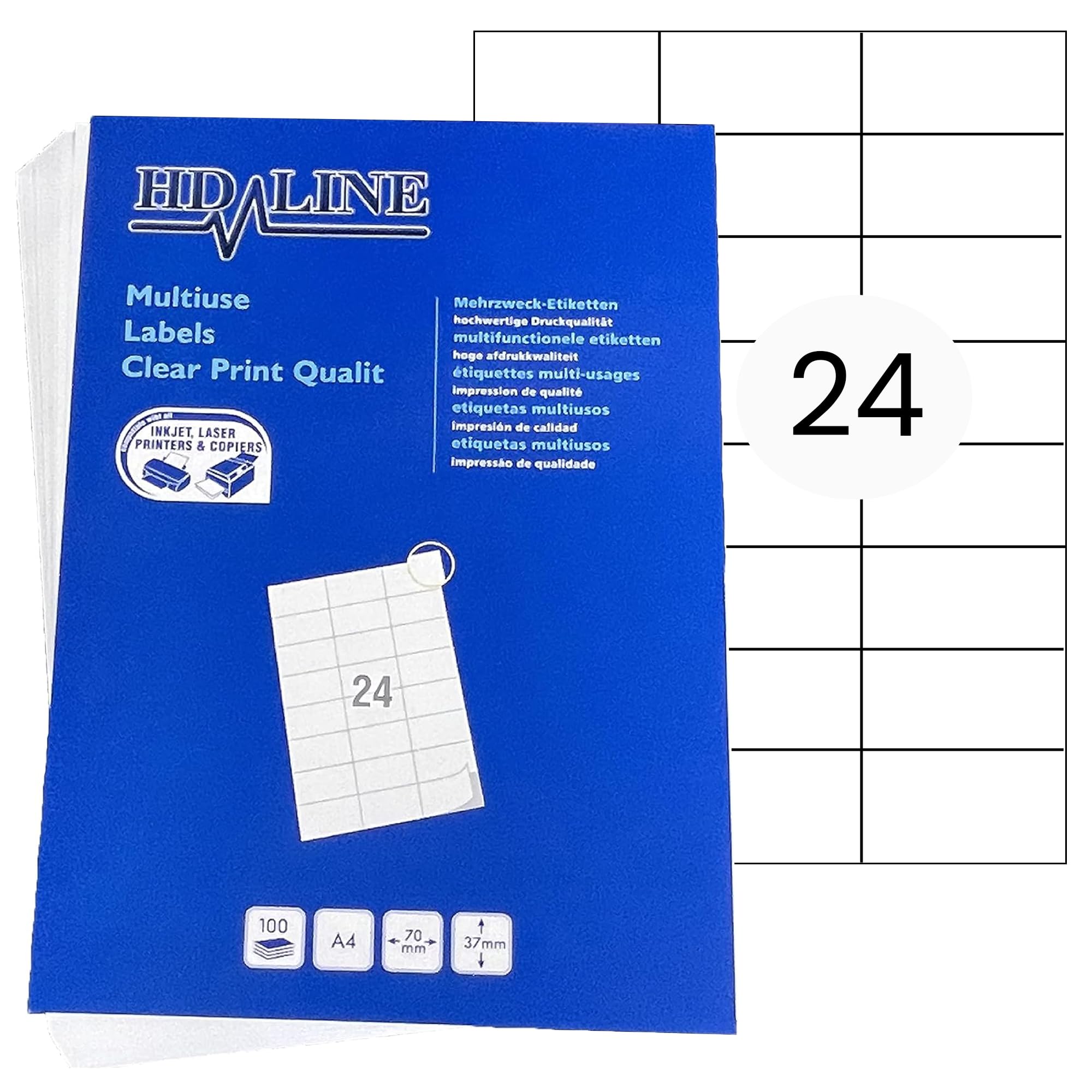 Hd-line Adressetiketten 20 Packungen, 100 Blatt, 70 x 37 mm, 48000 Stück, Selbstklebend, bedruckbar, matt, blanko Papier Adressaufkleber Etiketten, Universal, 24 pro A4 Bogen, weiß