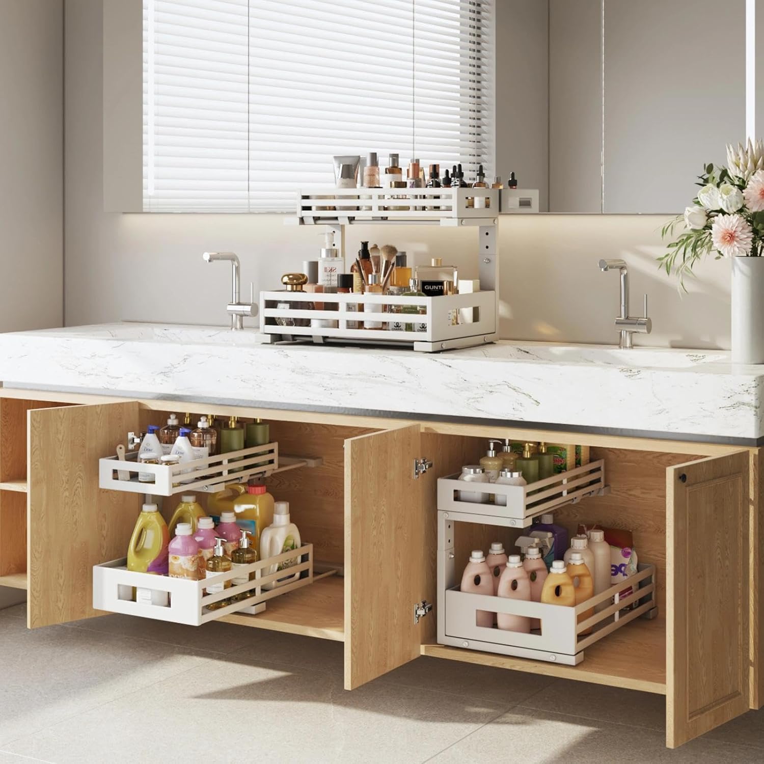 L-Shaped Metal Under Sink Organizer, 2-Tier Double Pull-Out Cabinet Organizer for Kitchen & Bathroom Storage, Height Adjustable, Smooth Cylinder Rail, White, 2 Packs