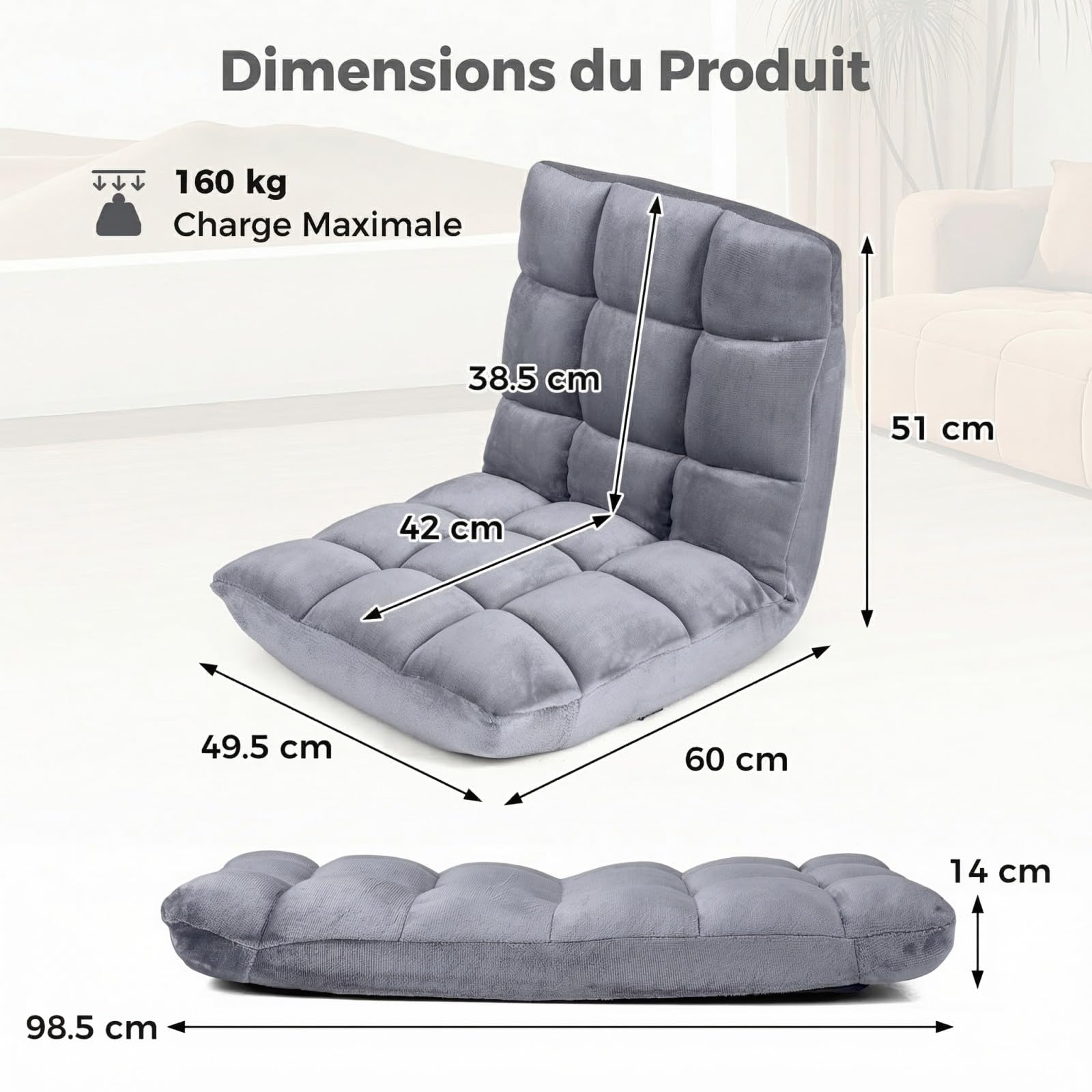 SOARS Fauteuil de Sol Pliable, Chaise de Méditation Canapé Paresseux Convertible avec Dossier Réglable 14 Positions, Mousse Haute Densité, en Velours Coral pour Lecture, Salon (Gris)