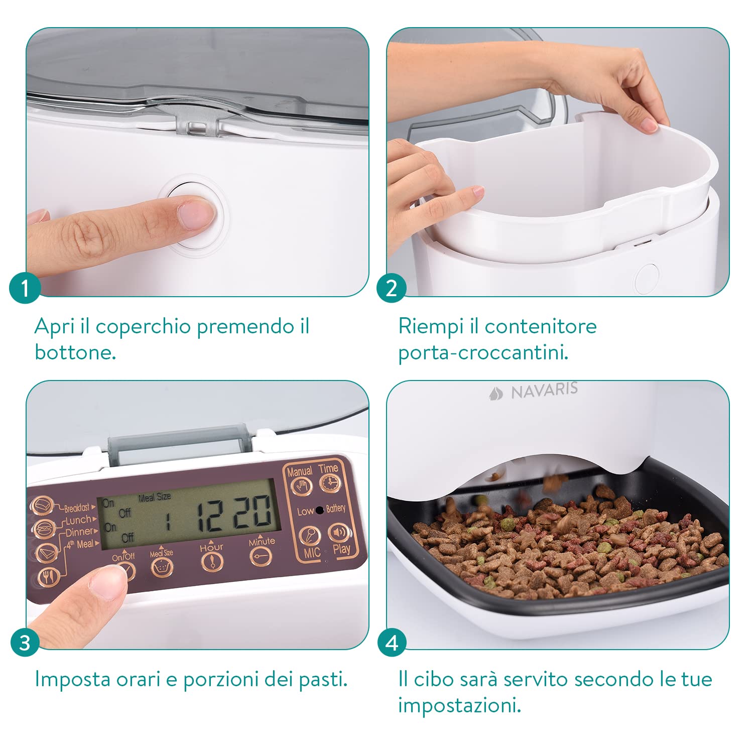 Navaris Distributore Cibo Gatti Cani Automatico - Dispenser 6L 2-3 kg Programmabile con Timer Avviso Acustico Fino a 4 Pasti al Giorno - 2 dosatori