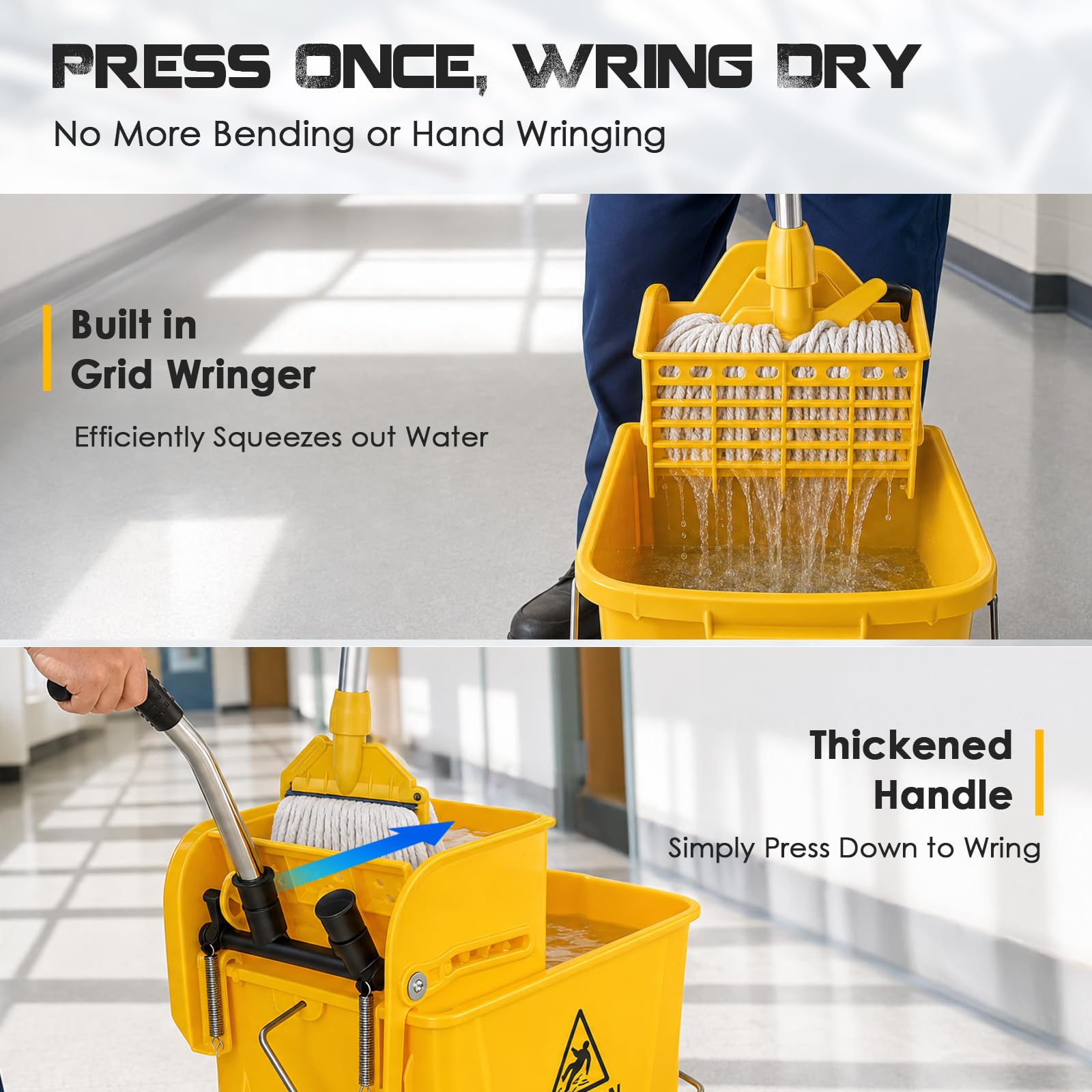 Set di mocio industriale e secchio da 20 litri su ruote, strizzatore commerciale Kentucky con 3 teste per mocio, manico lungo 148 cm e ruote silenziose, pulizia resistente per scuole, ristoranti