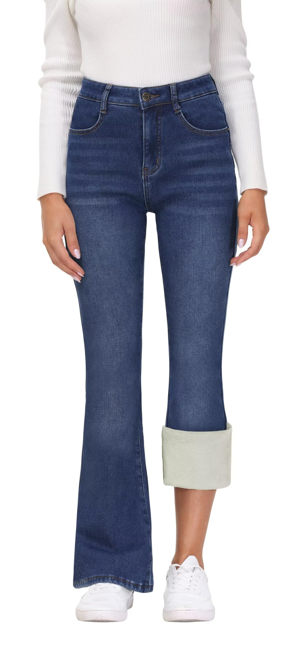 KDF Women's Flare Fleece Lined Jeans Thermal Fleece Bell Bottom Jean, Size 2,Dark Blue