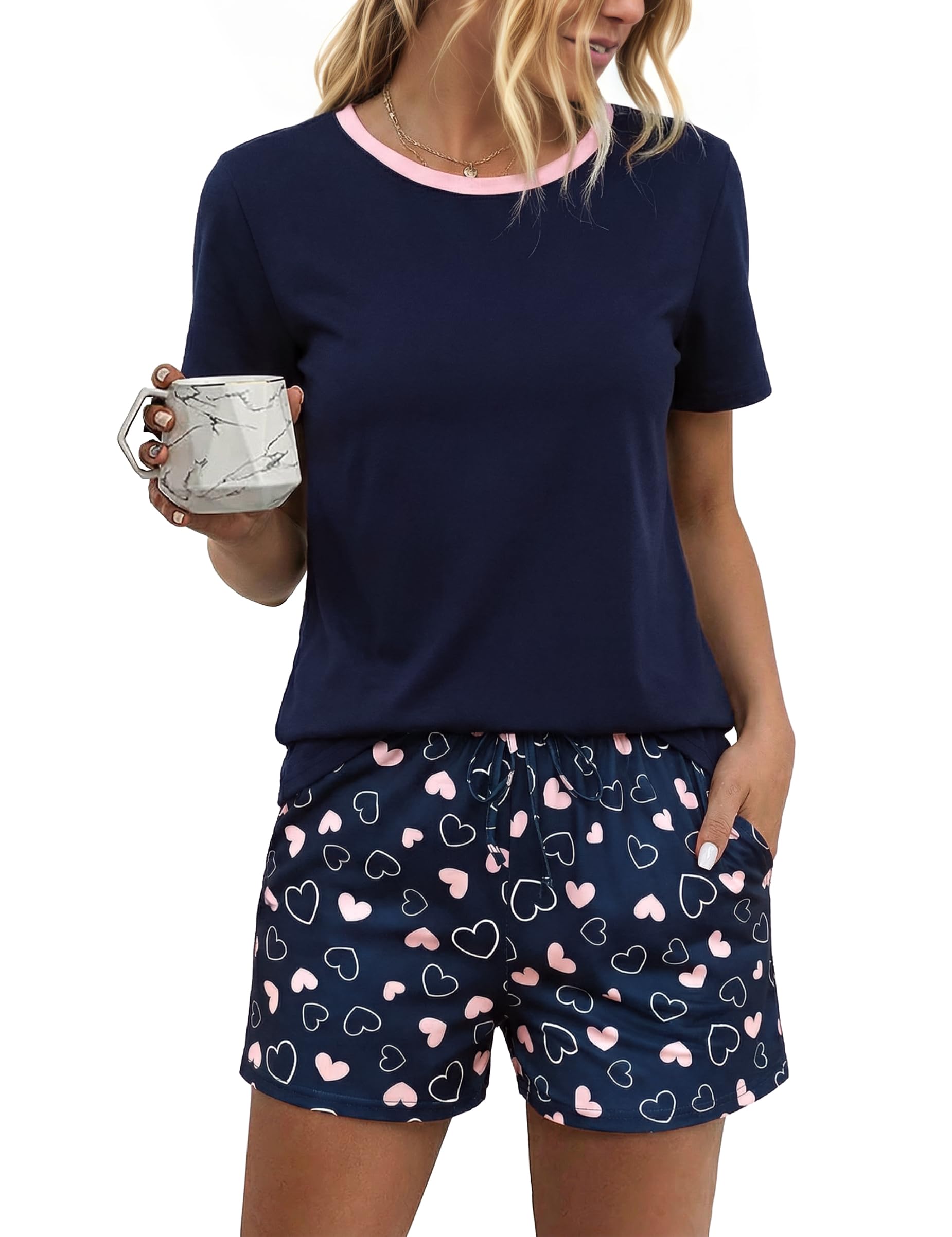 Litherday Schlafanzug Damen kurz Baumwolle Pyjama Set Sommer Zweiteiliger Herzmuster Shorts und Nachtwäsche Rundhals
