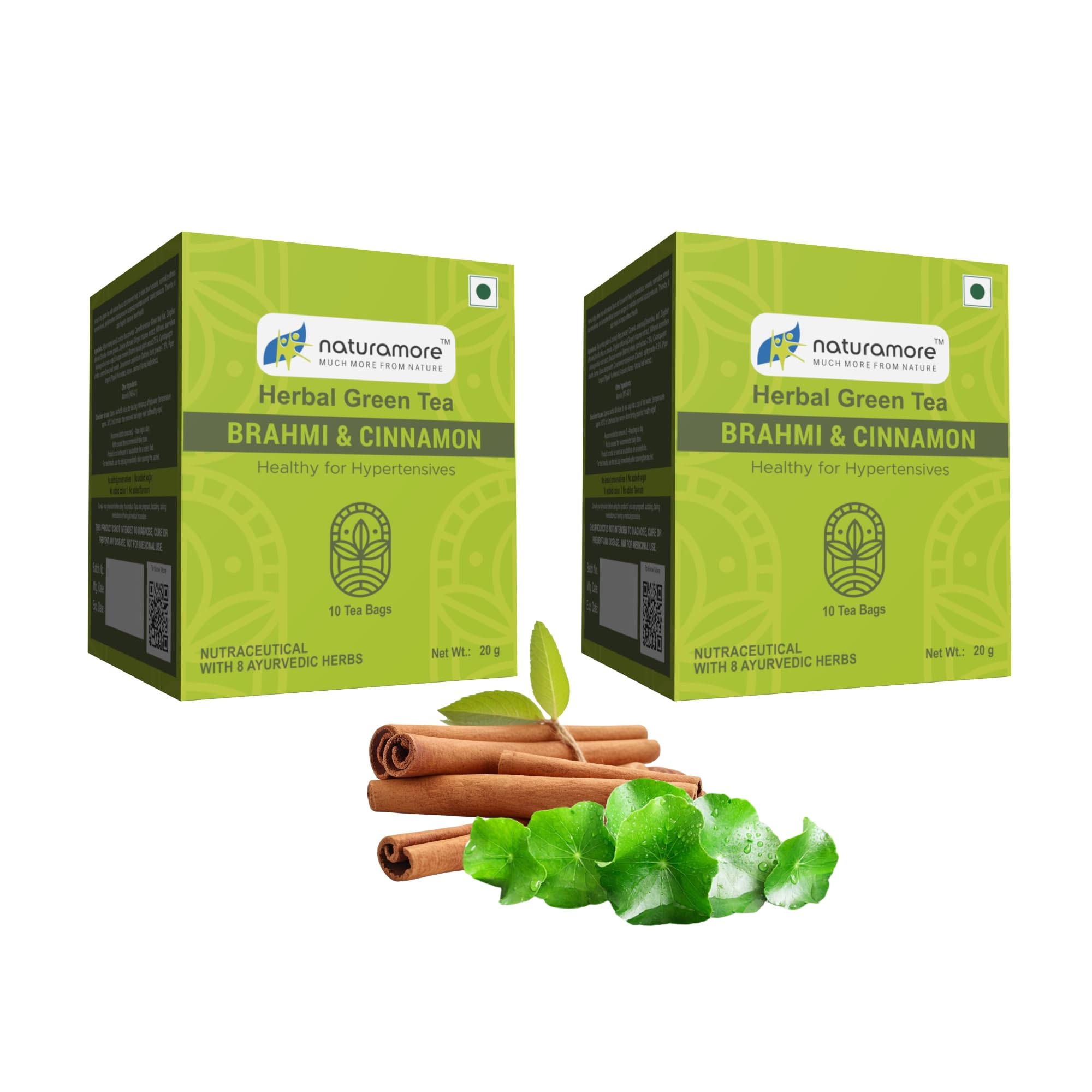 Naturamore Herbal Green Tea - Brahmi & Cinnamon Blend - Healthy for Hypertensives (Pack of 10 x 2 Tea Bags - 20 Tea Bags Total)