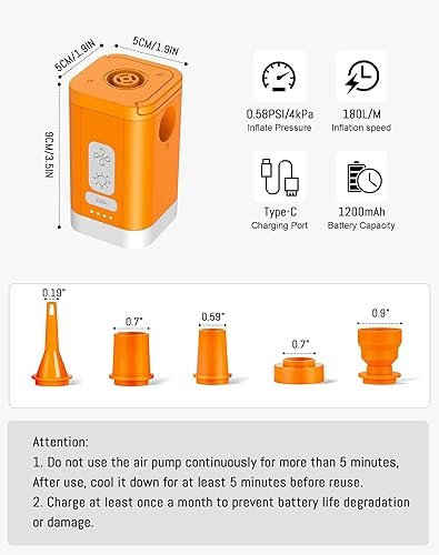 Miniatura 5 de Bomba de aire eléctrica para inflables, bomba de aire portátil recargable 4kPa con luz de campamento, mini bomba de aire para camping, viajes,
