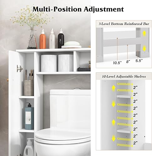 Miniatura 5 de Tangkula Armario de almacenamiento sobre el inodoro, organizador independiente sobre el inodoro con estantes ajustables de 10 niveles y barra