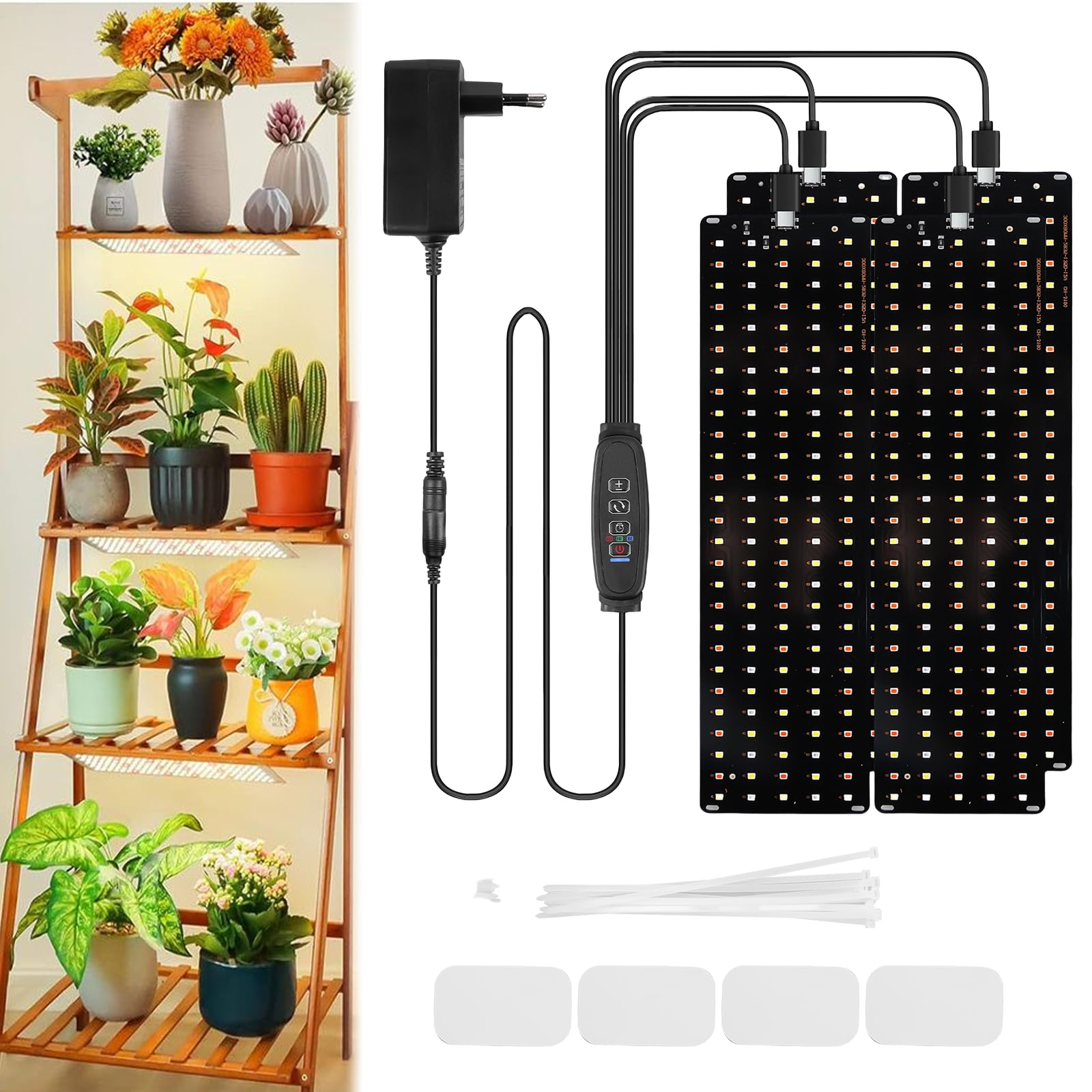 Lámpara LED de espectro completo para plantas (4 unidades, luz LED para plantas con temporizador, lámpara LED para plantas de interior, lámpara UV de crecimiento para plantas con 3 modos de