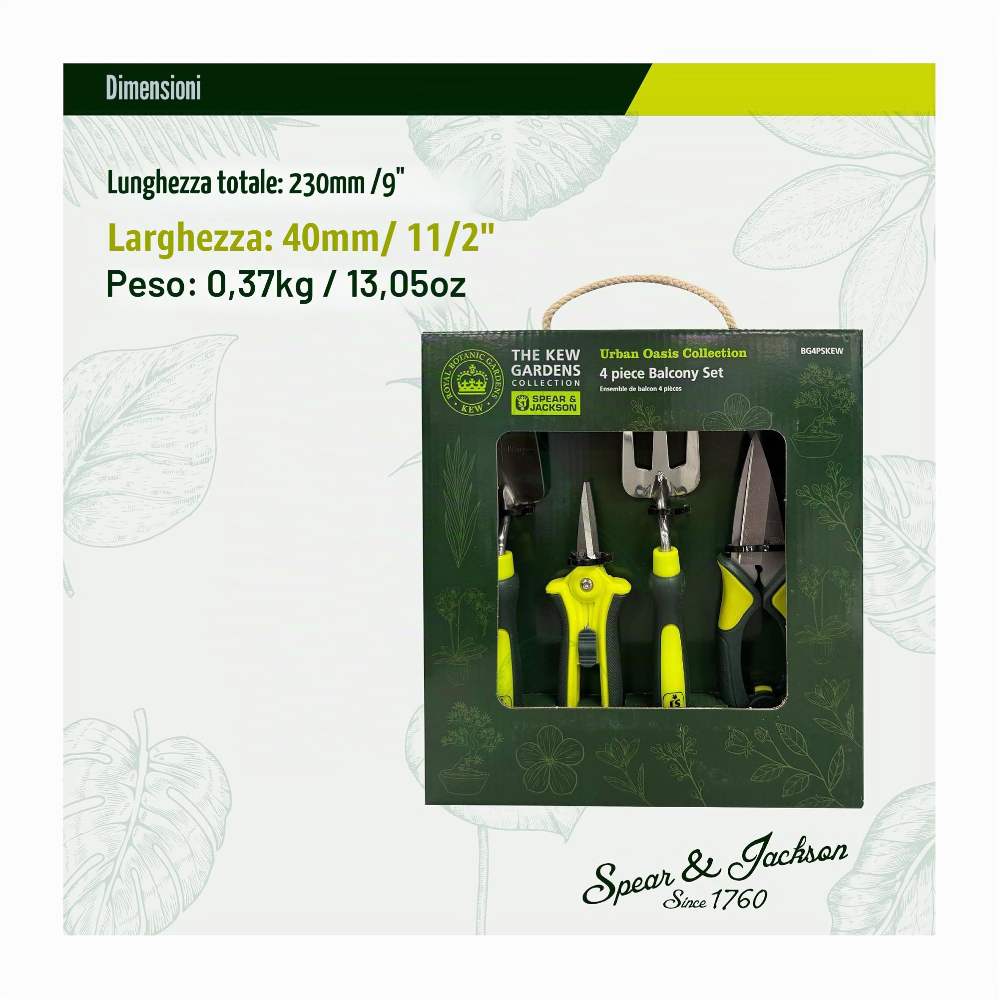 Spear & Jackson Kew Gardens Urban Oasis Set Attrezzi Giardinaggio Balcone 4 Pezzi, Forbici, Cesoie Topiarie, Paletta e Forchetta, Utensili Compatti in Acciaio Inox per Piante da Interno e Balcone