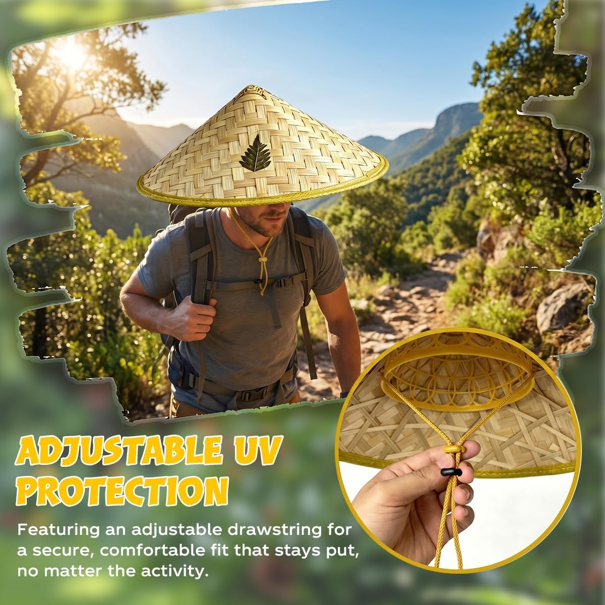 9Pcs Traditional Asian Rice Bamboo Hats, Unisex Adjustable UV Protection Sun Hats with Work Gloves for Beach, Gardening, Cosplay Outdoor Activities（17"） Yellow