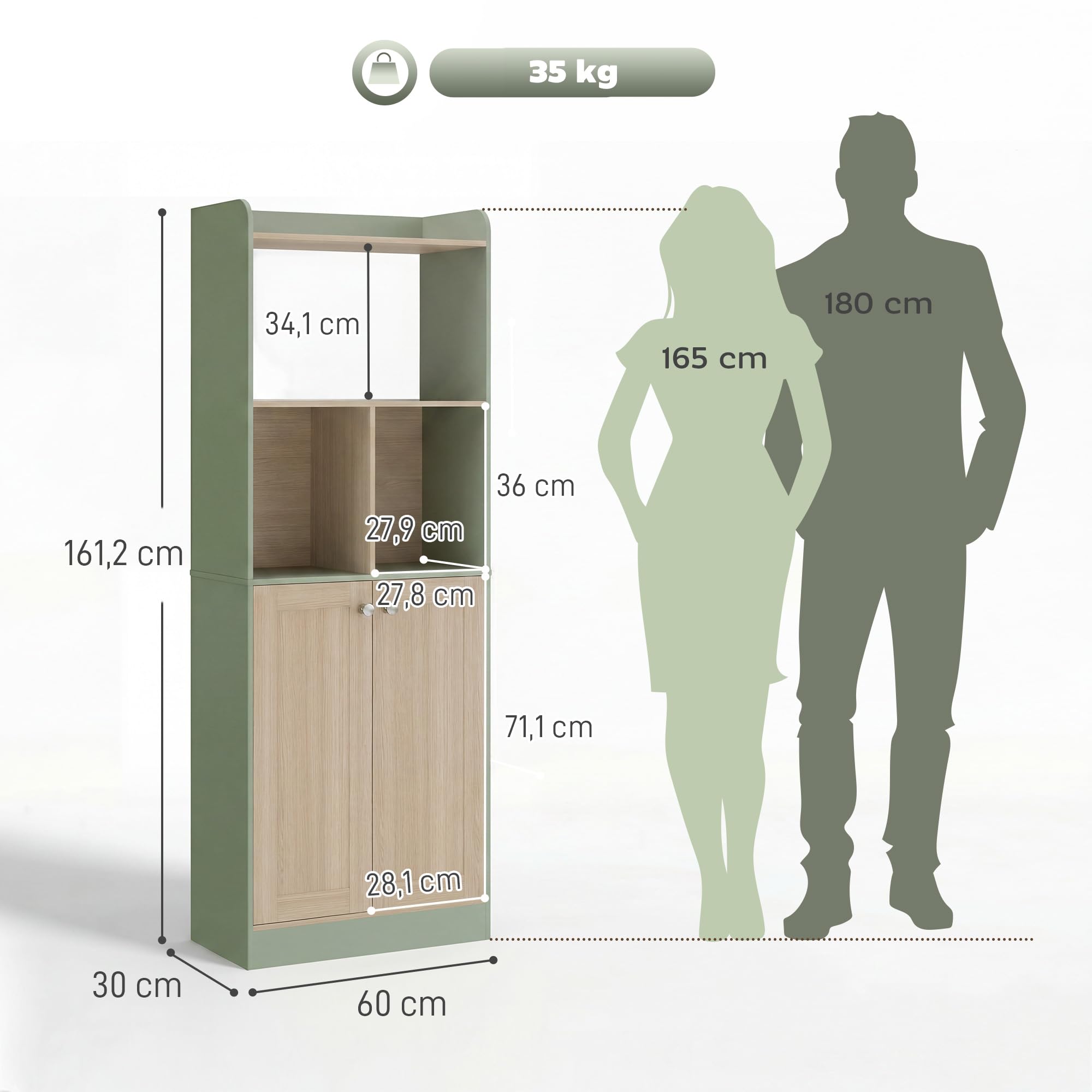 HOMCOM Libreria 5 Ripiani 2 Ante 60x30x161.2cm Verde Legno Naturale