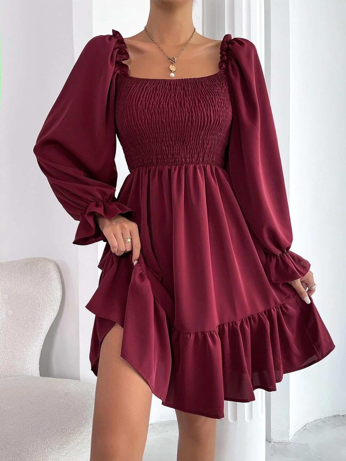 Women's Lantern Sleeve Elastic Waist Dress One Shoulder Collar Casual Loose Flowing Shift Dress - Image 3