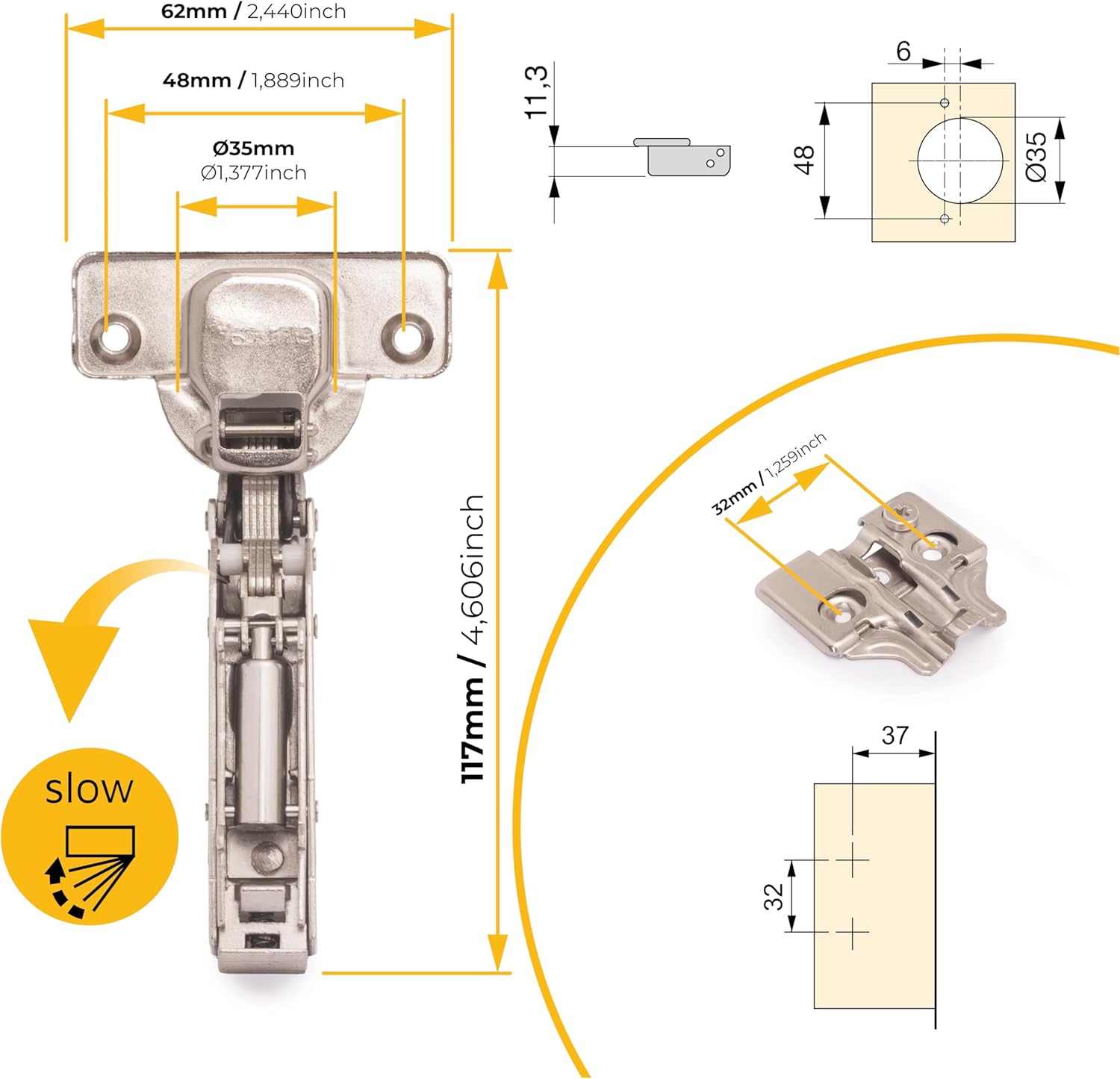 Emuca 1011407 Half-Overlay Soft-Close Concealed Hinge with Ø35mm Cup and 100° Opening Angle + Screw-on Plate with cam Adjustment, Set of 20 pcs