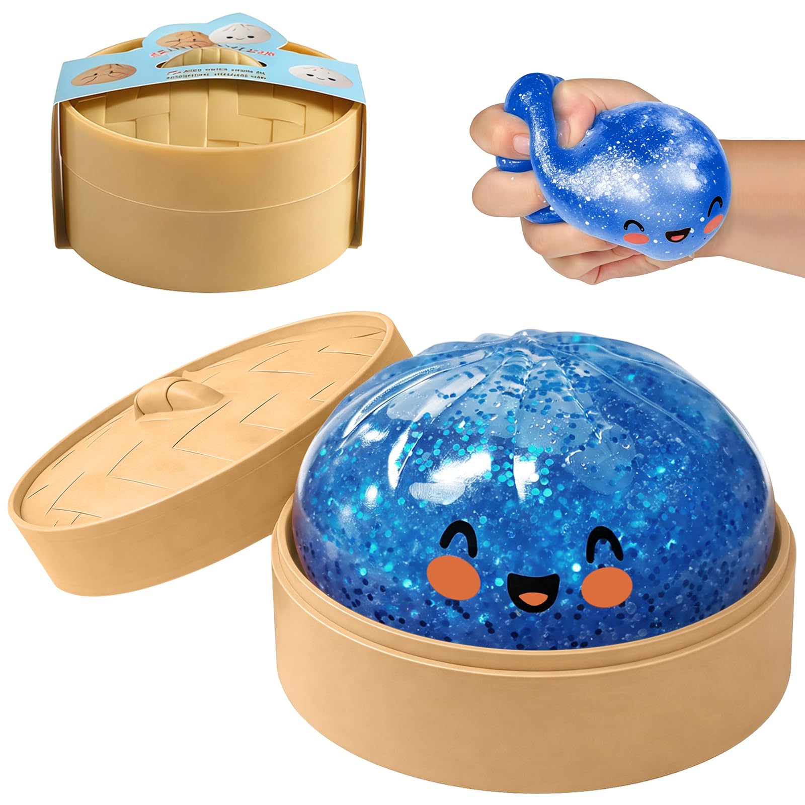 Glitzer Knödel Squishy mit Dampfgaraufsatz – Weiches Silikon Fidget, Stressabbau & Angstlinderung,Mystery als Überraschungs-Bao Bun (Dunkelblau)