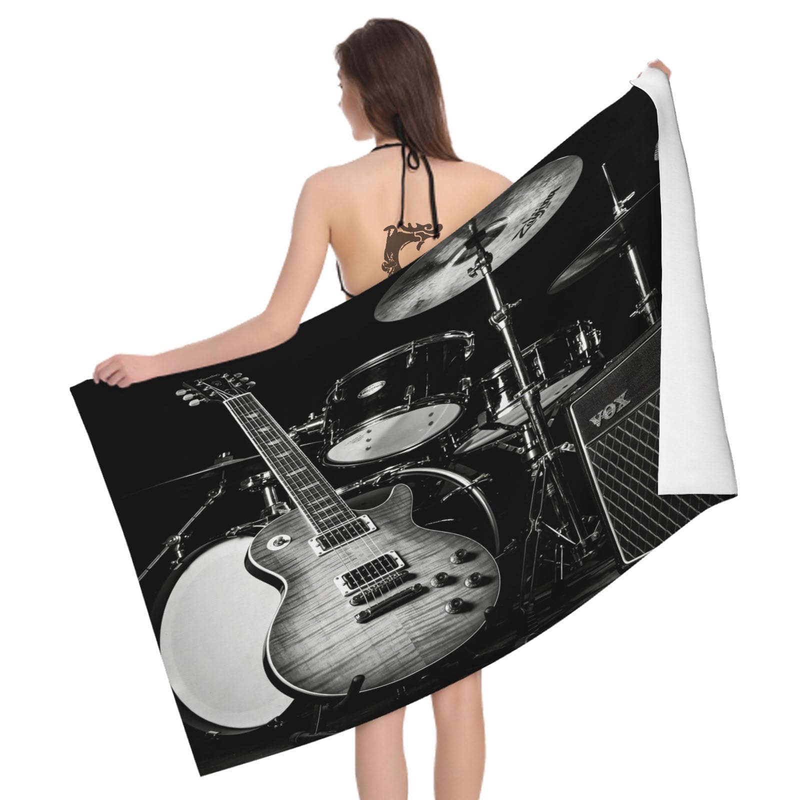 Leichong 3D Drum Kit Beach Towel Large Microfiber Soft Quick Dry for Adults, Retro Styled Bath Towel Lightweight Soft Absorbent for Travel Swimming Pool Sports, 180 x 90 cm