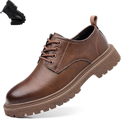 Mens Genuine Leather Lace-Up Vintage Oxfords,Fashion Round Toe Casual Brogue Dress Shoes, Comfortable Non-Slip Low Top Business Work Shoes