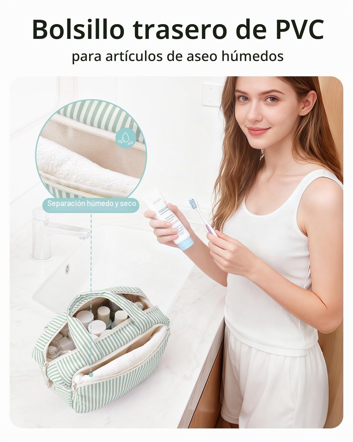 Narwey Neceser de Viaje para Mujer, Bolsa de Aseo Grande, Organizador de Maquillaje Portátil para Artículos de Aseo Tamaño Completo Viajes Accesorios (Rayas Verde Menta)