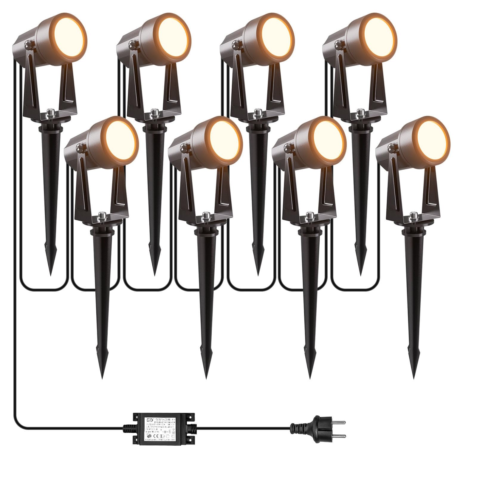 Focos Led Exterior, 85FT/26M 8 * 3W LED Focos de Jardín con Estaca, Blanco Cálido 3000K 14V IP65 Impermeable, al Aire Libre Iluminación de Caminos para Césped, Patios