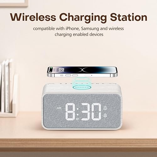 Miniatura 5 de ANJANK Radio despertador de madera con altavoz Bluetooth, estación de carga inalámbrica para iPhoneSamsung, alarma dual, tiempo de sincronización