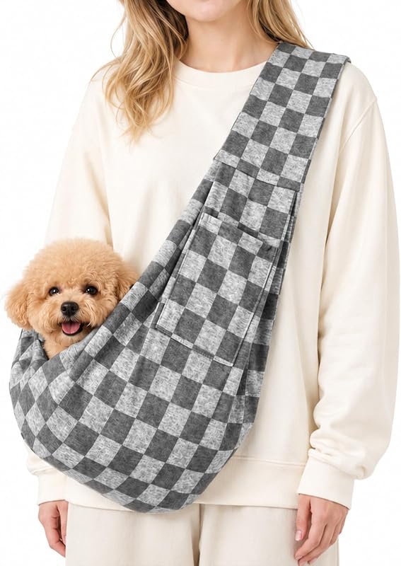 Dog Sling Carrier for Small Dogs and Cats 5–16 lbs, Puppy Carrier Sling with Safety Hook and Storage Pocket, Hands Free Pet Carrier Purse for Travel, Walking, Shopping (Grey Check)