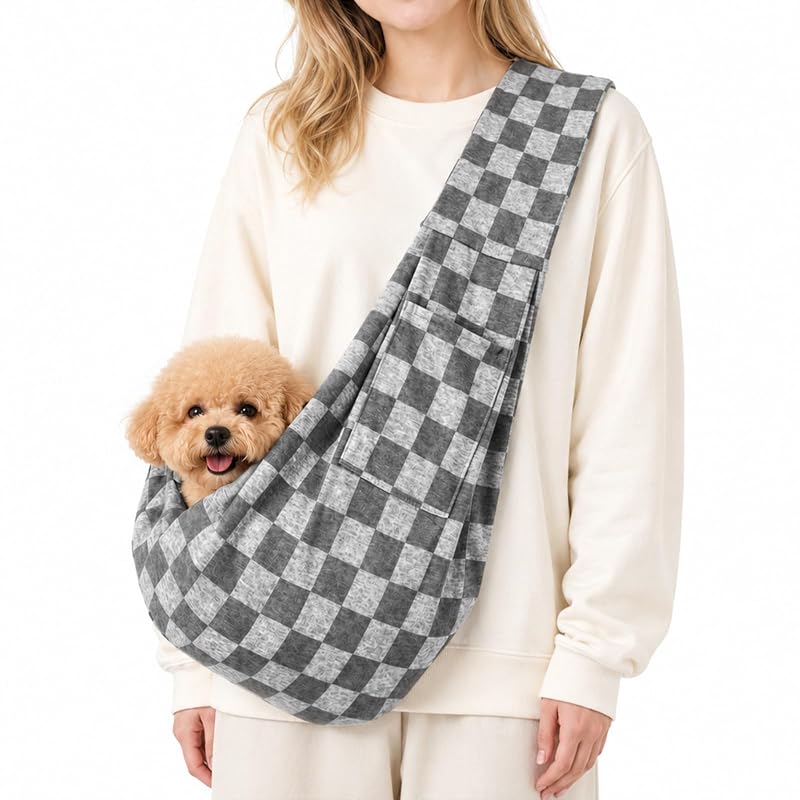 Sling para transporte de cães pequenos e gatos com gancho de segurança e bolso AXEARTE Grey Check, para pets de 2,27 a 7,26 kg
