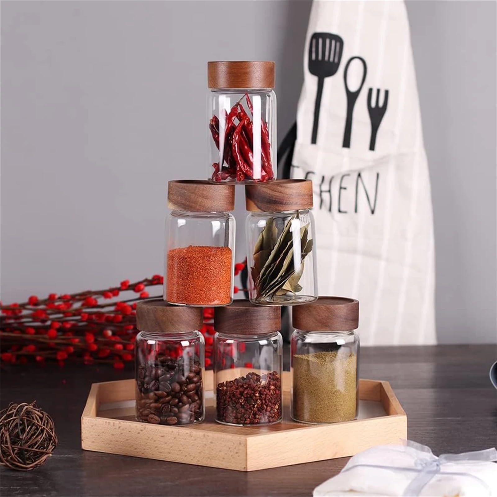 VorratsgläSer Glas mit luftdichtem Verschluss und Holzdeckel, Gewürzbehälter for Lebensmittel(6Pcs)