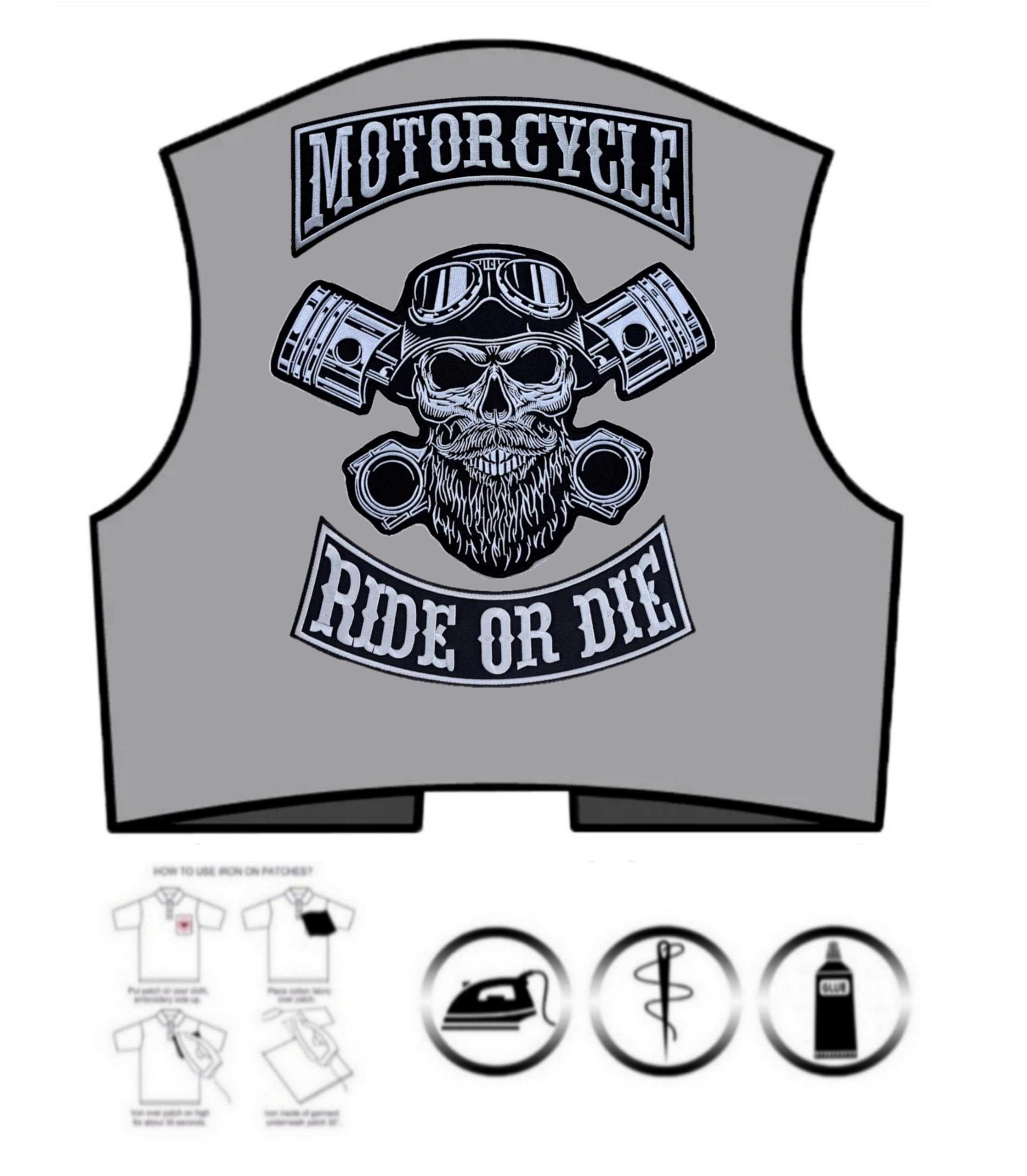 Set 3 Toppe ricamate Biker " Ride OrDie Motorcycle " + Punck Skull XXL Patch Termoadesive per gilet e giubbotti moto, per decorare giacche da moto, Ricamo su accessori fai da te. (Set completo)