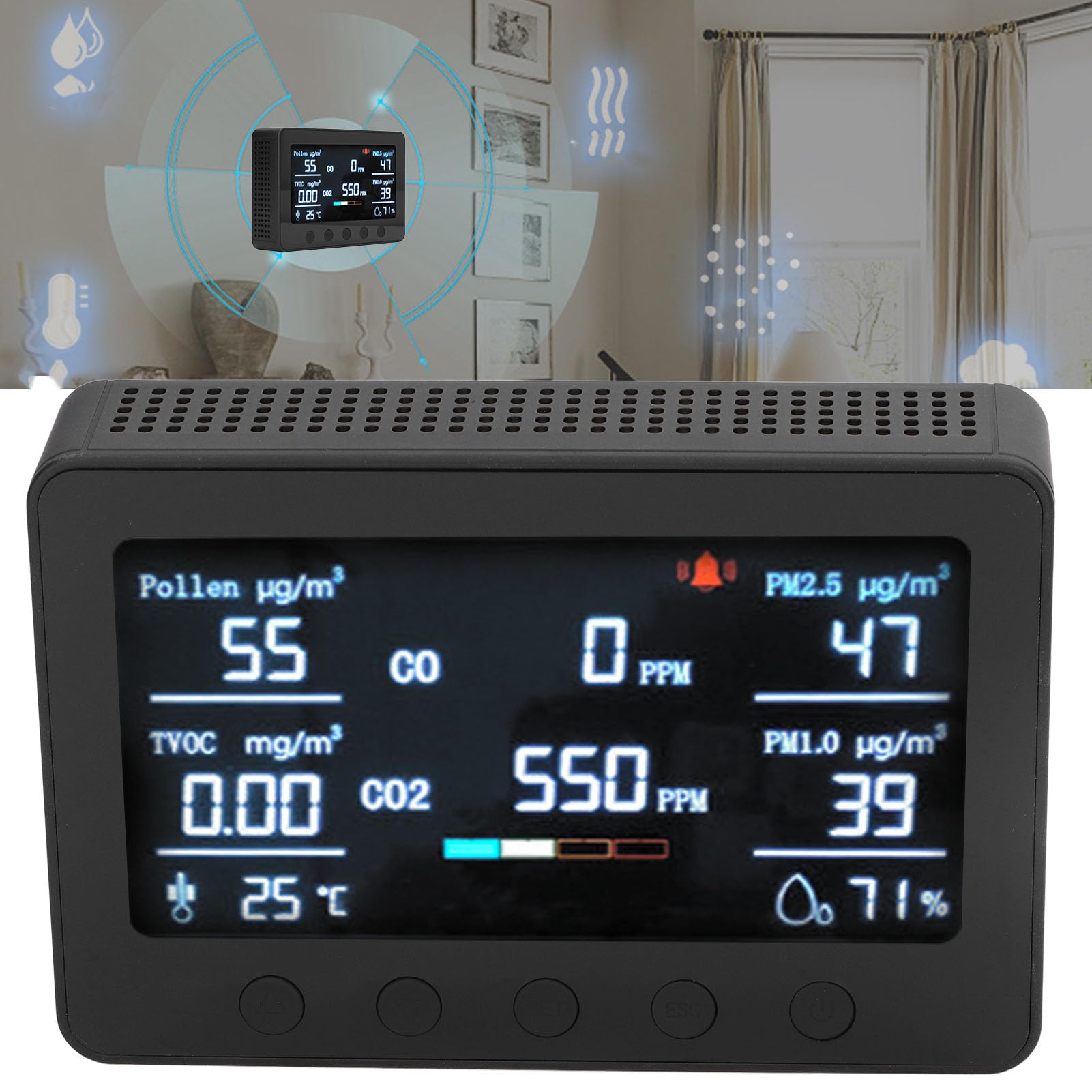 Luftqualitätsmonitor, Kohlendioxid-Detektor, Kohlendioxid-Monitor-Messgerät, CO2-Temperatur, Luftfeuchtigkeit, TVOC, PM2,5, PM1,0, Tester, Detektor, 7-Zoll-Display (EU-Stecker)