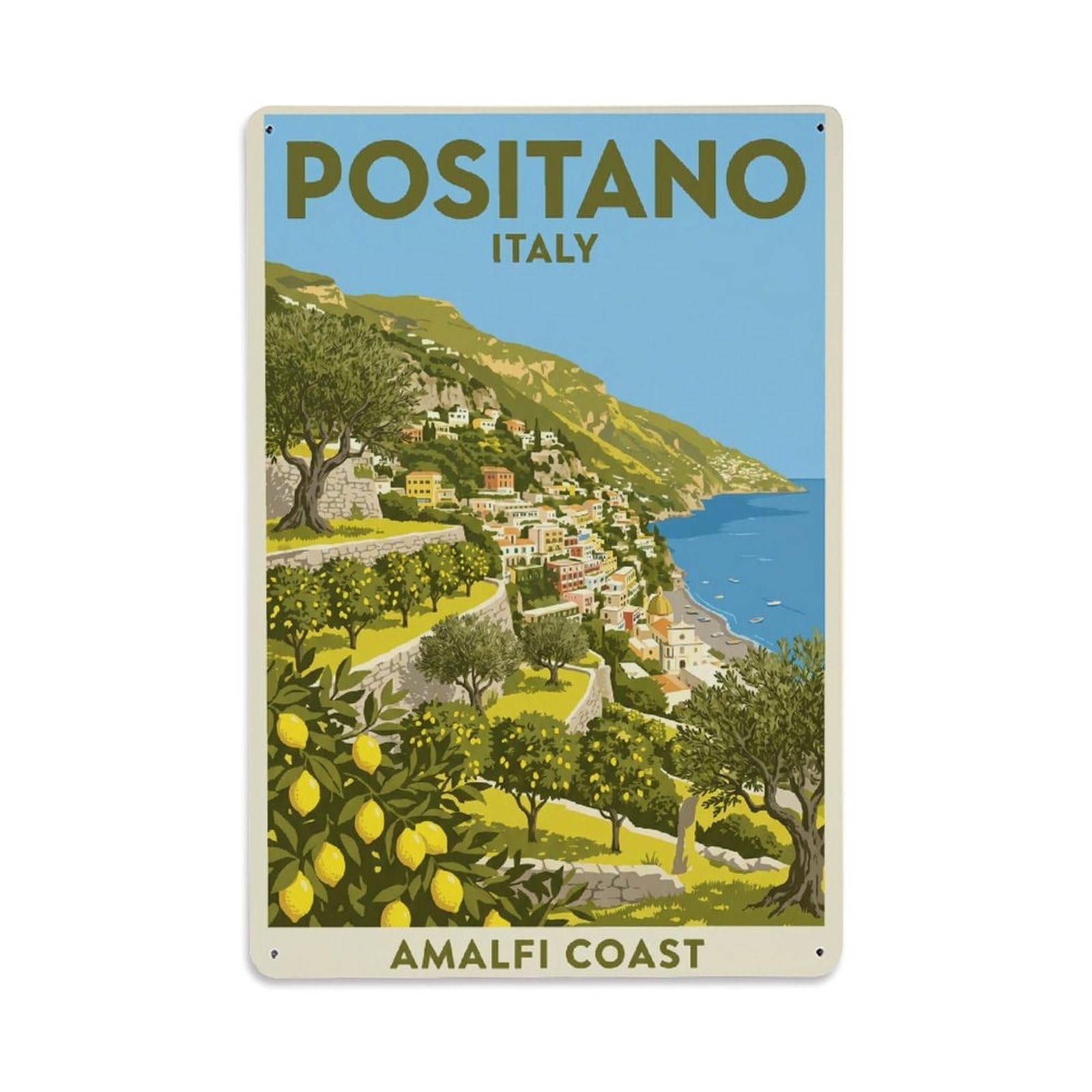Vintage Travel Positano Italy Olive Metal Tin Sign Plaque Wall Decor for Cafe, Club Bar, Office, Garden Metal Poster 8x12Inch