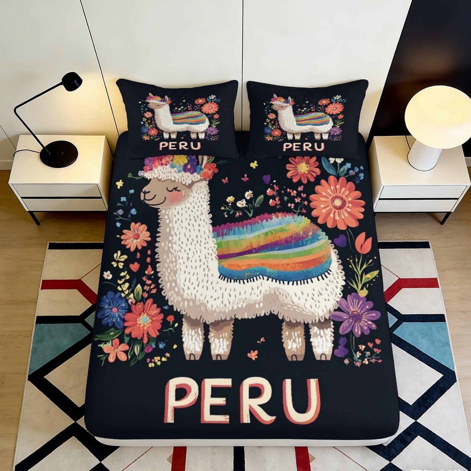 3D Printed Llama Floral Fitted Sheet Microfiber Soft Black Peru Bed Cover for Bedroom Guest Room Home Decor 90x200x25cm